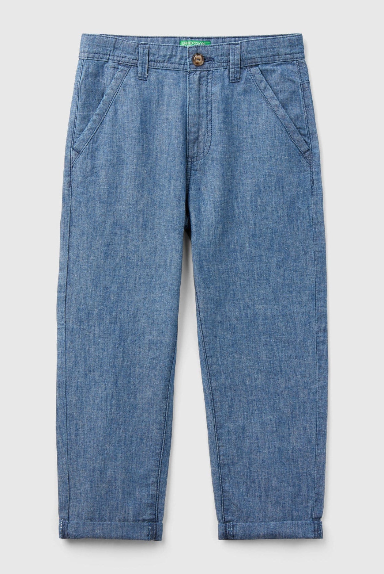 يونايتد كولورز اوف بينيتون سروال شينو اطفال من مزيج الكتان بأربعة جيوب وفتحات للحزام