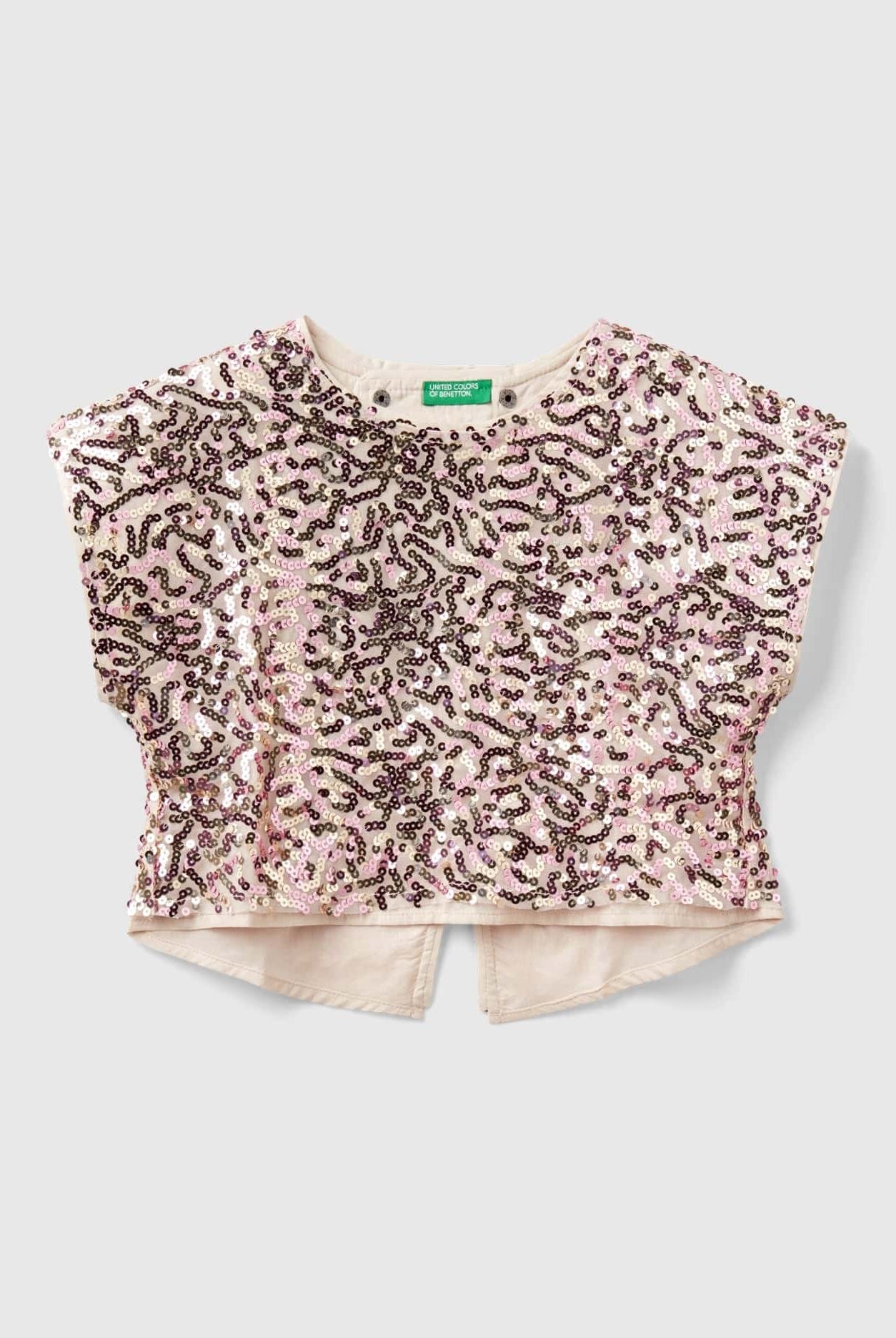 يونايتد كولورز اوف بينيتون بلوزة بناتي برقبة دائرية ونقوش كاملة مع تفصيل متقاطع على الظهر