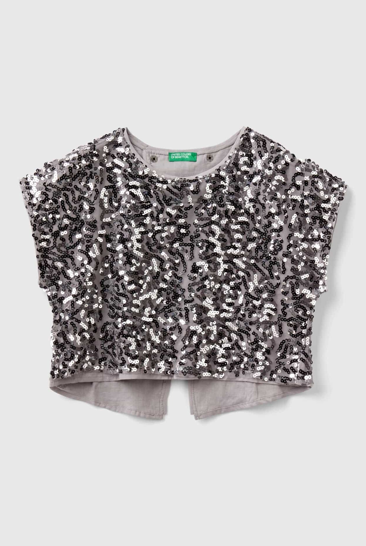 يونايتد كولورز اوف بينيتون بلوزة بناتي برقبة دائرية ونقوش كاملة مع تفصيل متقاطع على الظهر