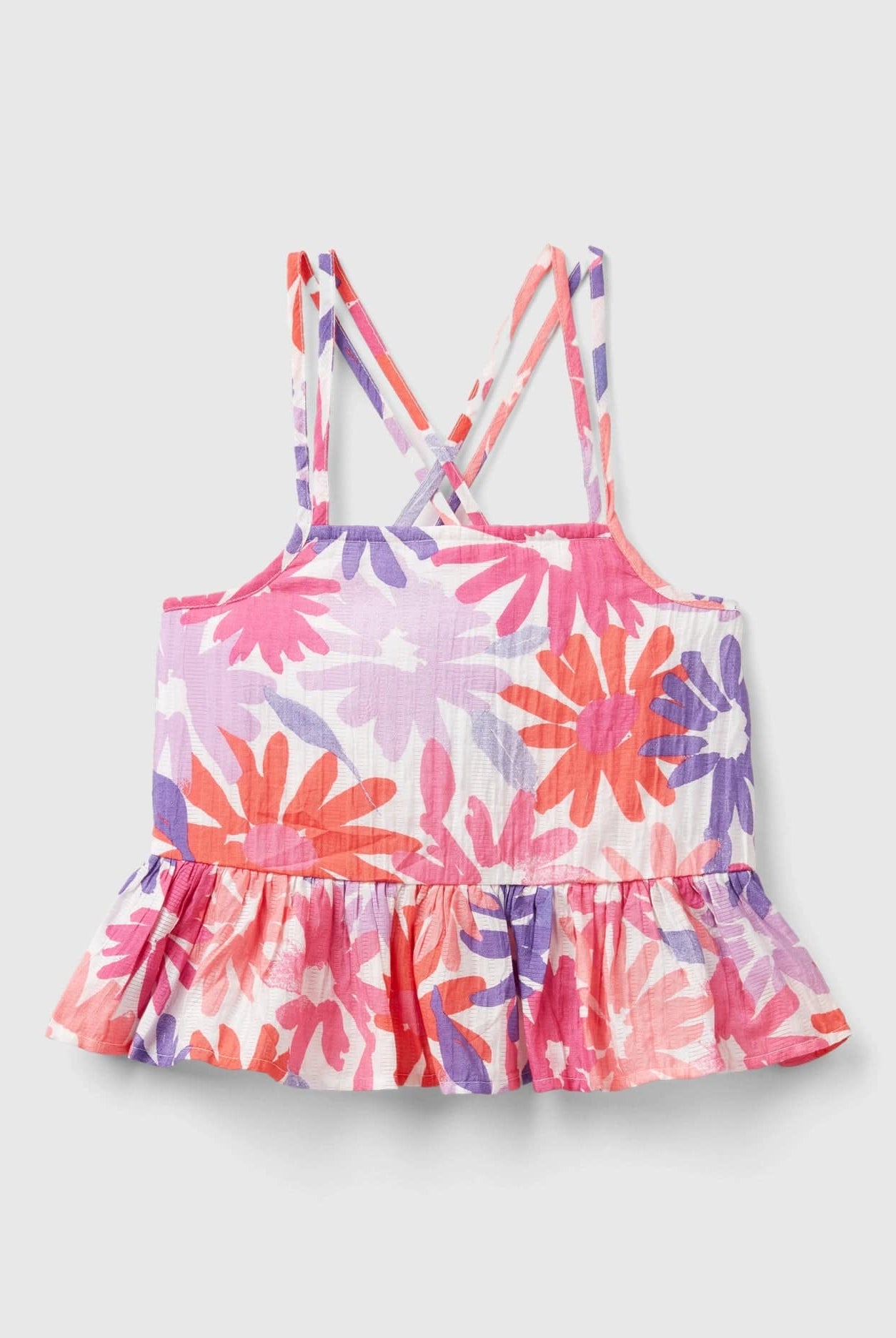 يونايتد كولورز اوف بينيتون بلوزة بناتي بطبعات زهور كاملة مع كشكش وتفاصيل متقاطعة على الظهر