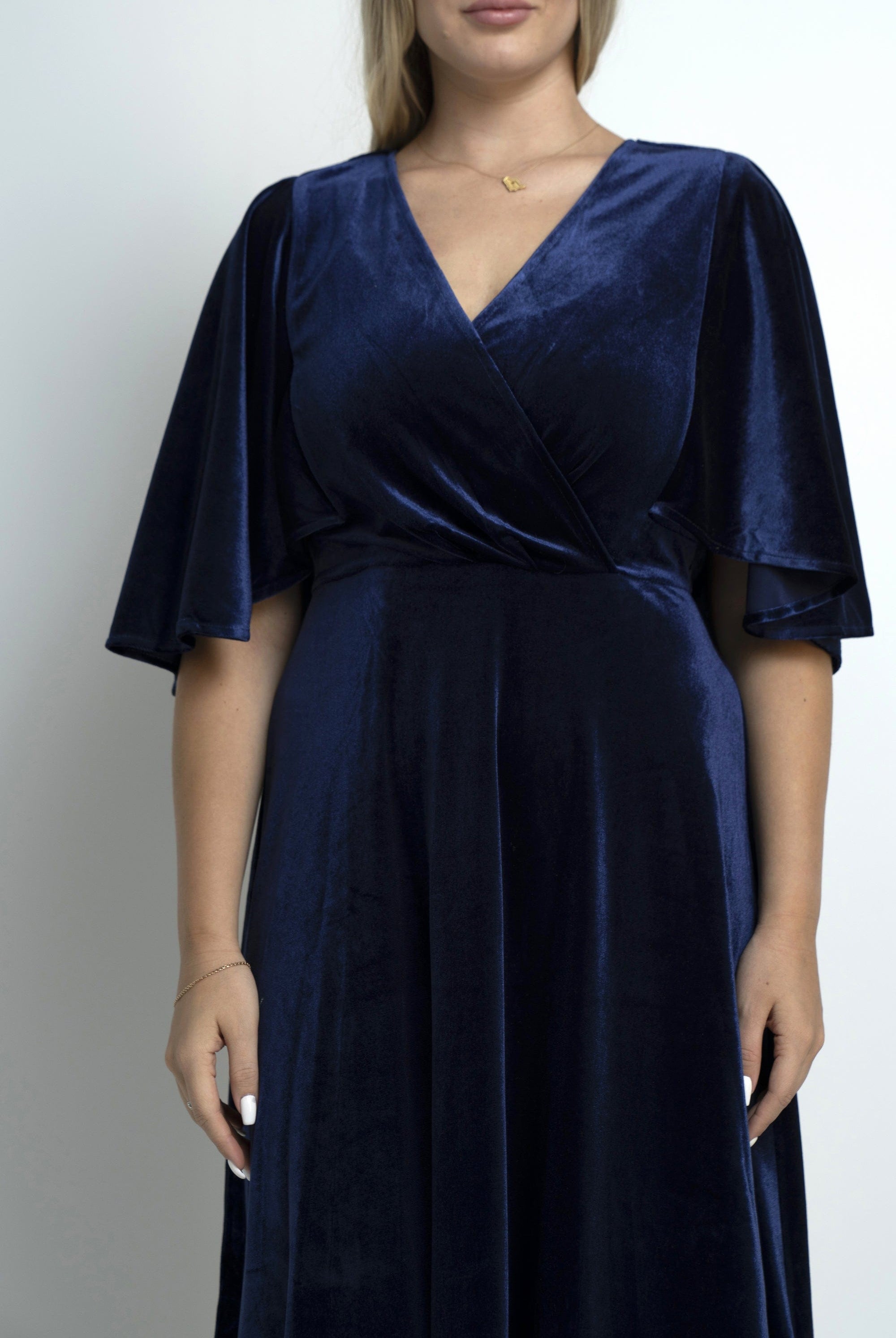 نتشي فستان سادة لف ميدي كم فراشة نسائي أزرق داكن