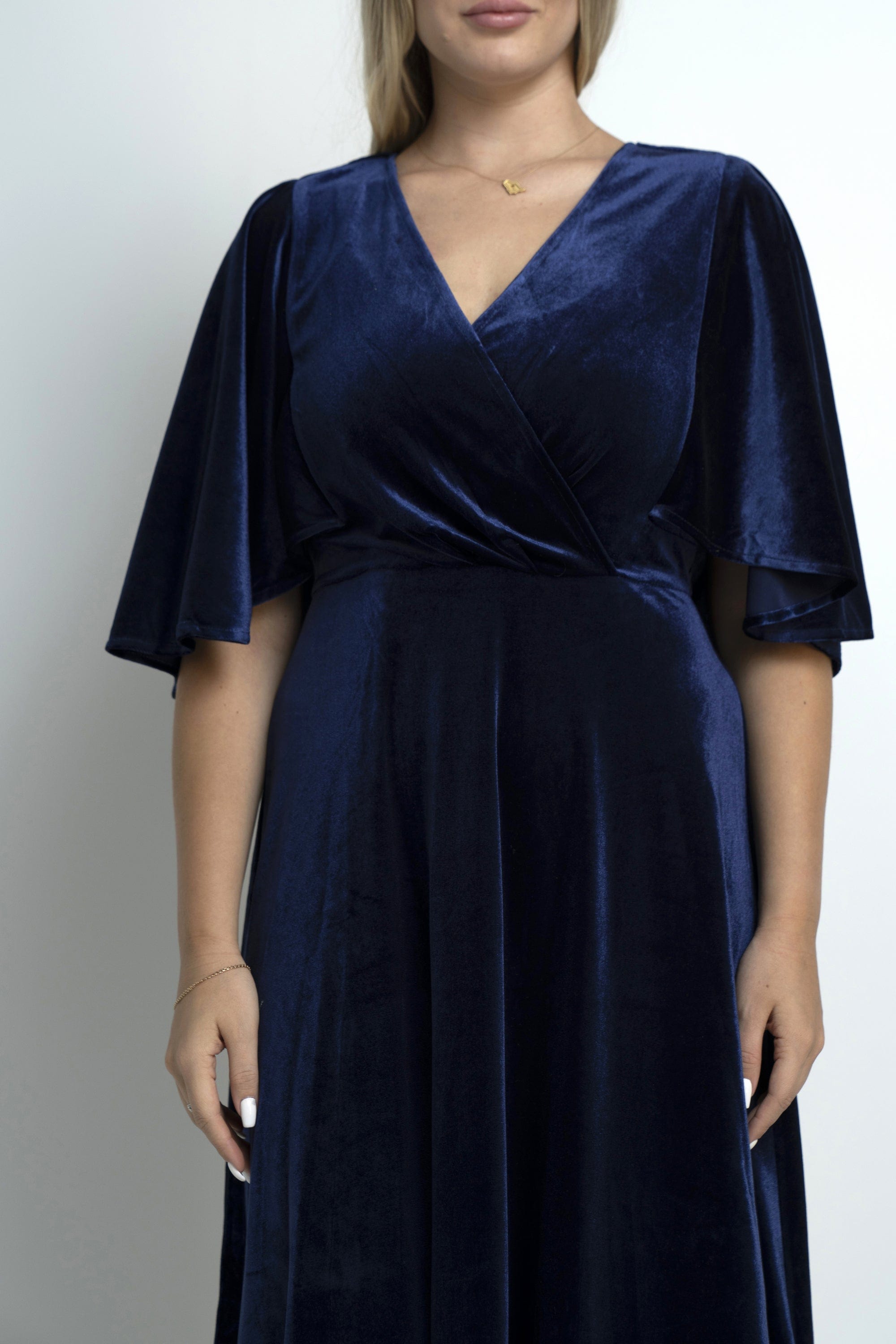 نتشي فستان سادة لف ميدي كم فراشة نسائي أزرق داكن