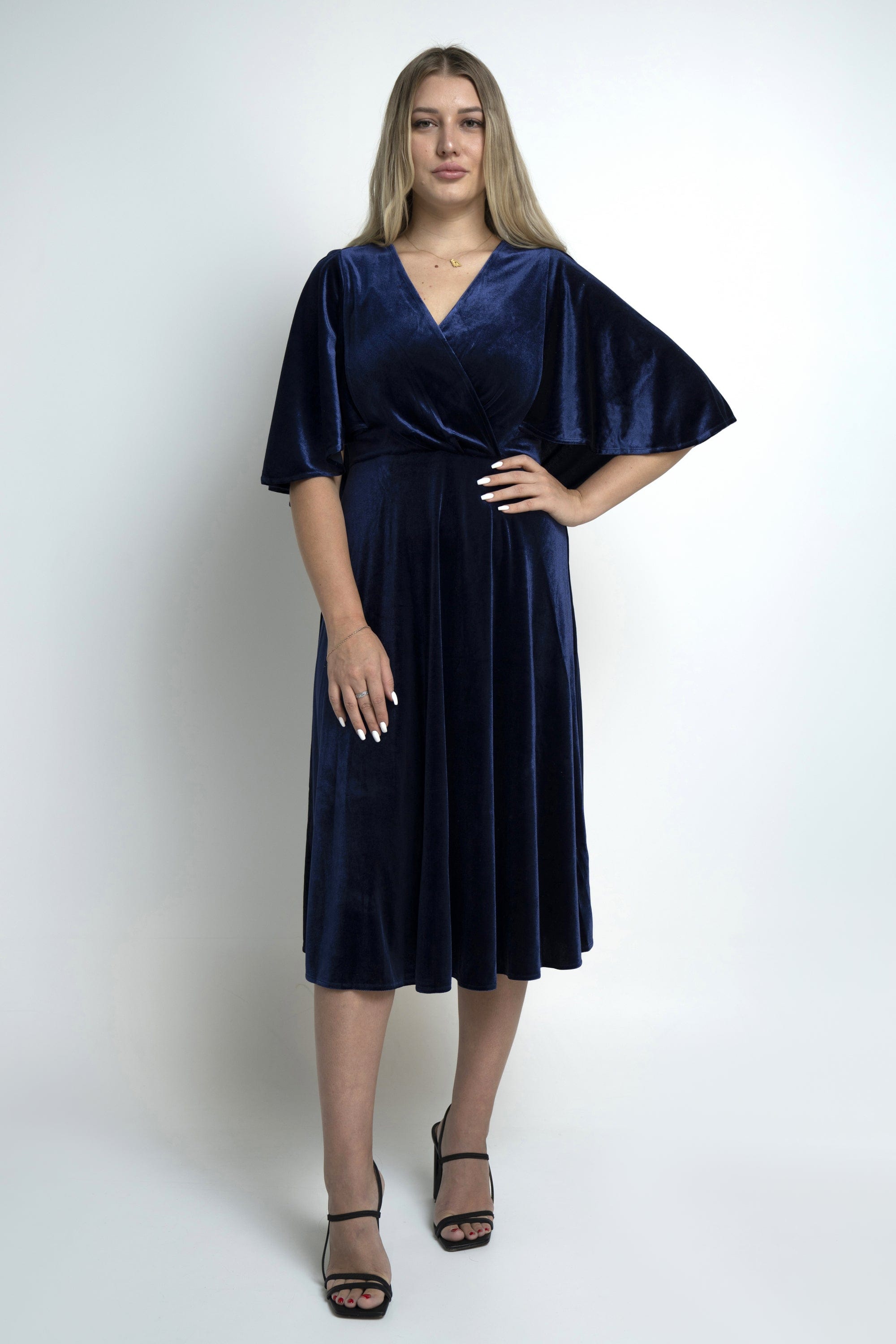 نتشي فستان سادة لف ميدي كم فراشة نسائي أزرق داكن