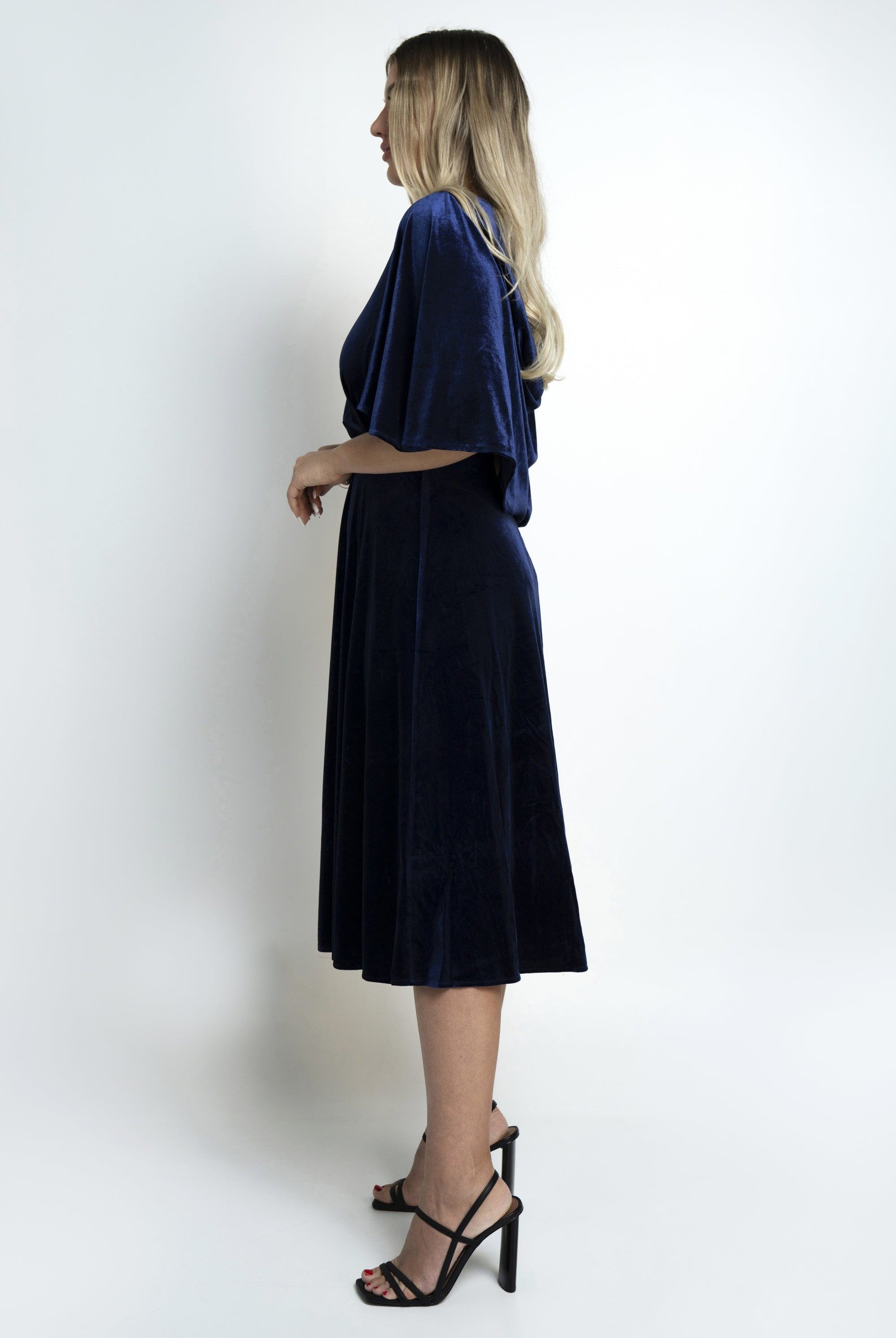 نتشي فستان سادة لف ميدي كم فراشة نسائي أزرق داكن