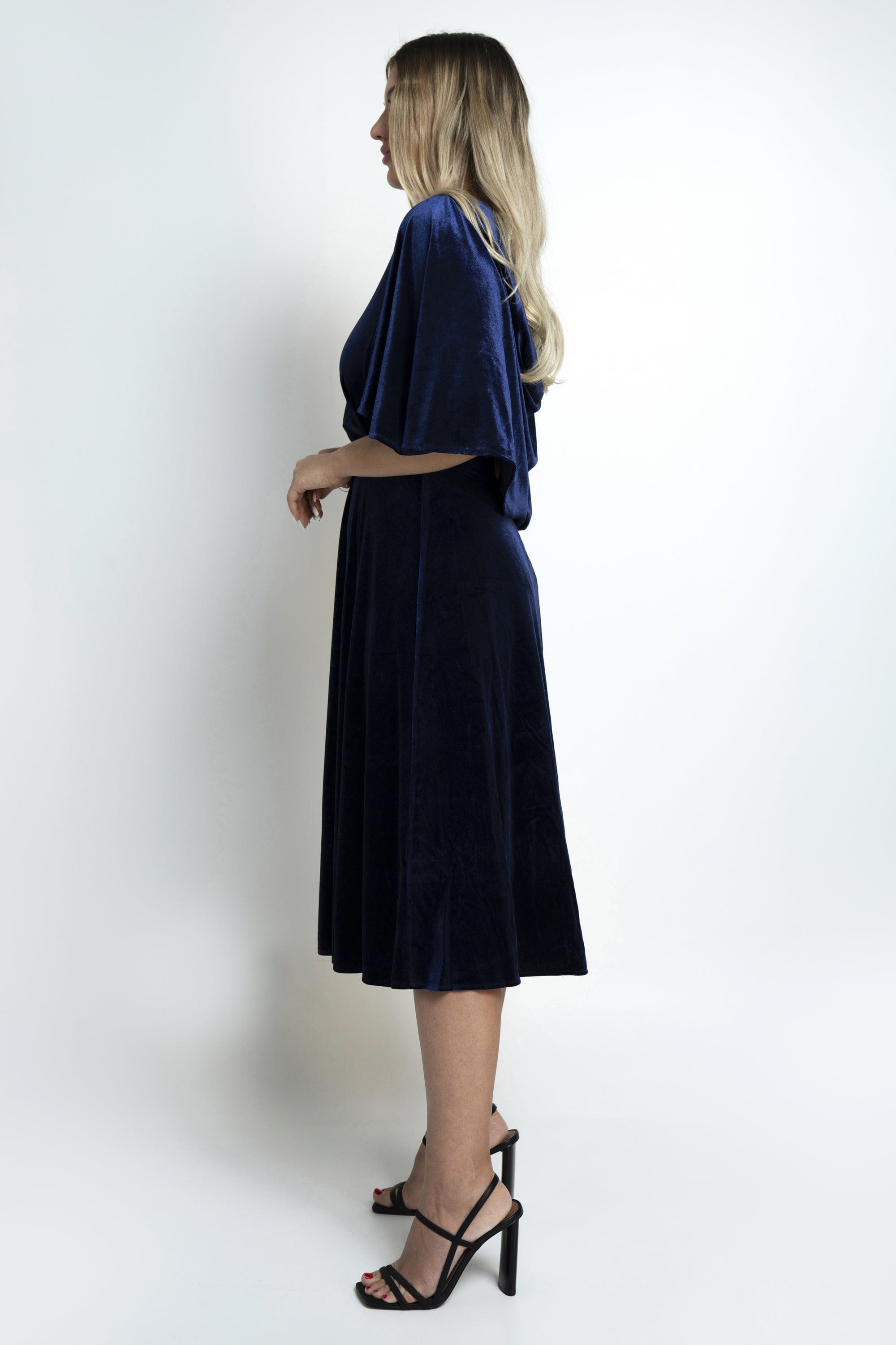 نتشي فستان سادة لف ميدي كم فراشة نسائي أزرق داكن