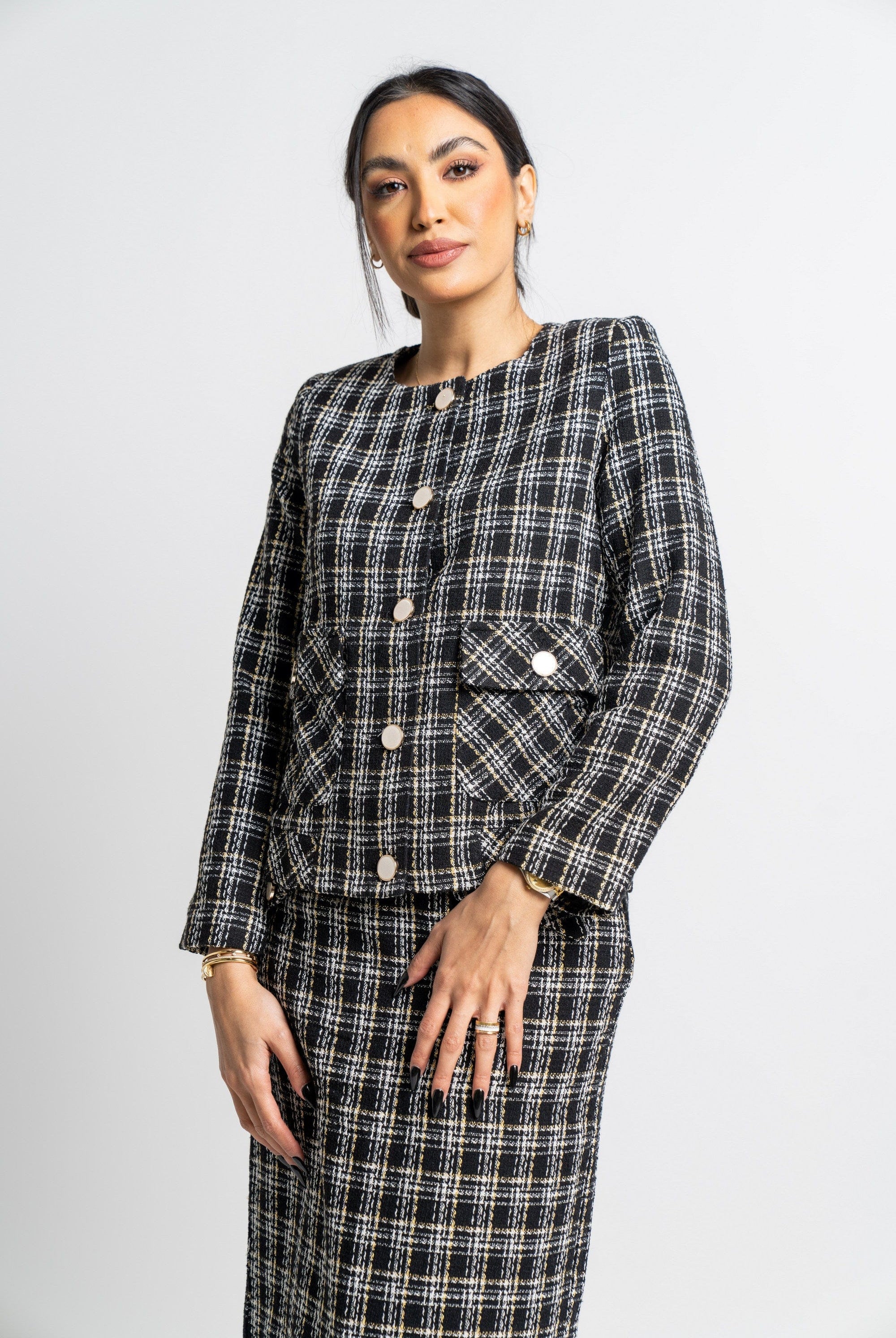 نتشي جاكيت مربعات كم طويل بأزرار أمامية نسائي