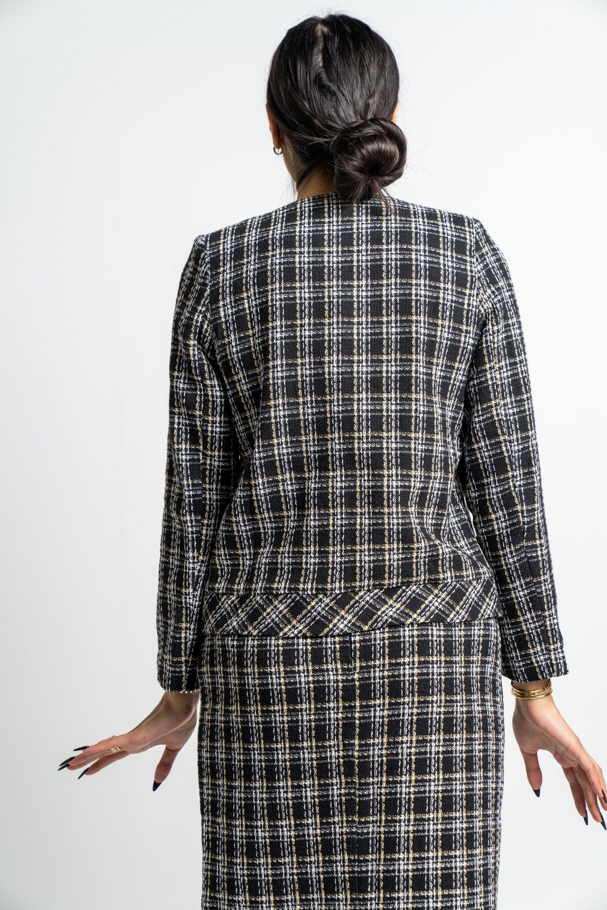 نتشي جاكيت مربعات كم طويل بأزرار أمامية نسائي