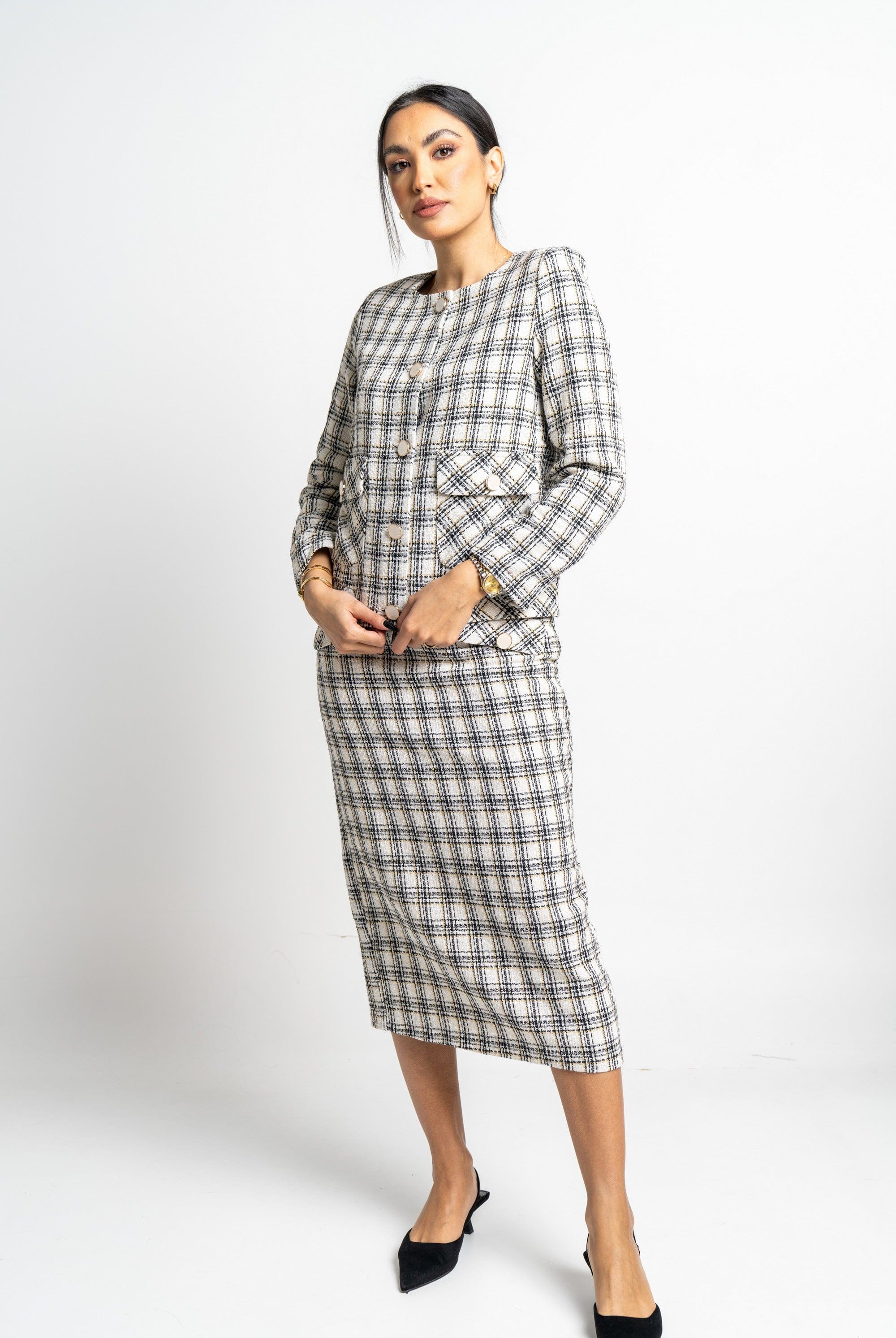 نتشي جاكيت مربعات كم طويل بأزرار أمامية نسائي