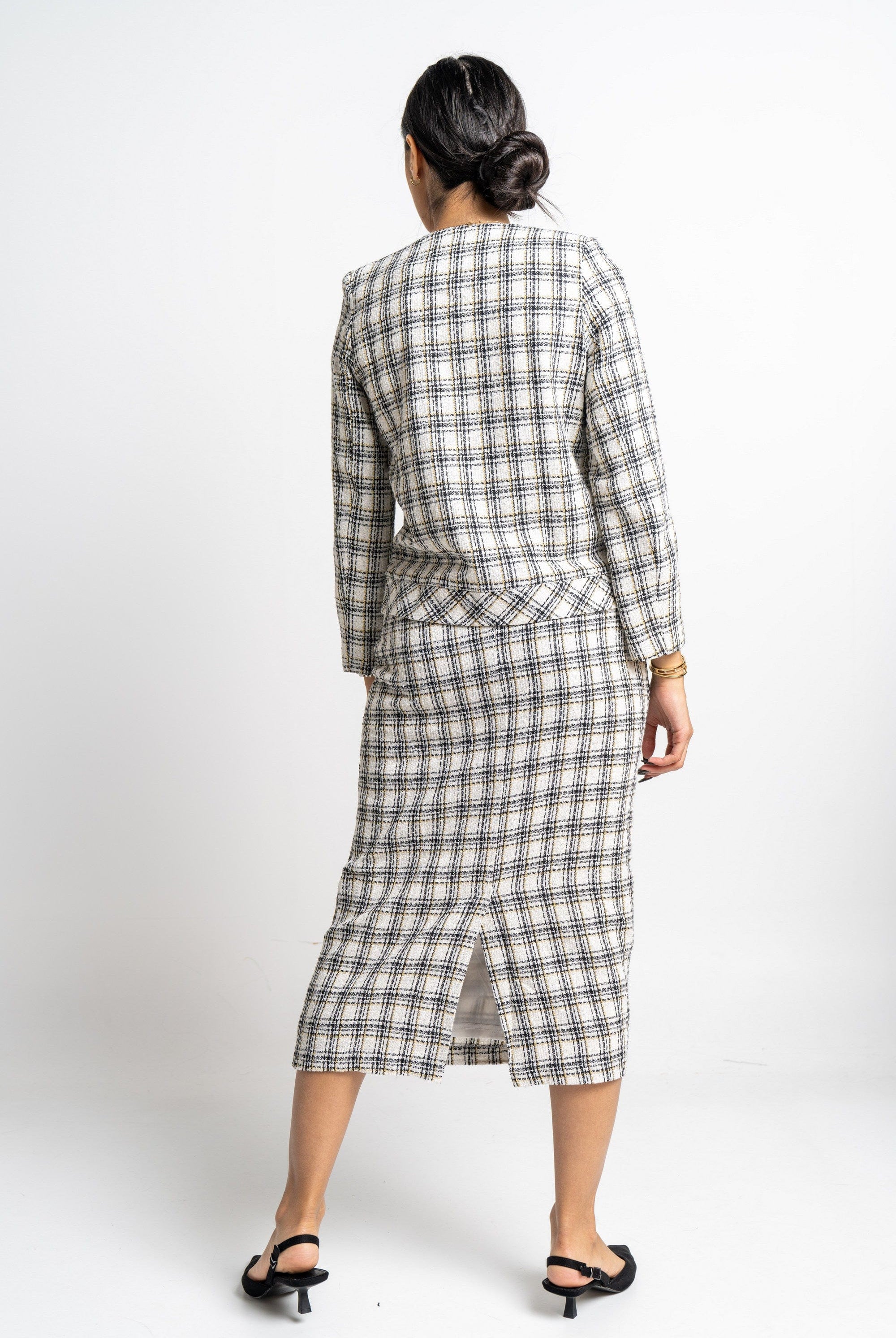 نتشي جاكيت مربعات كم طويل بأزرار أمامية نسائي