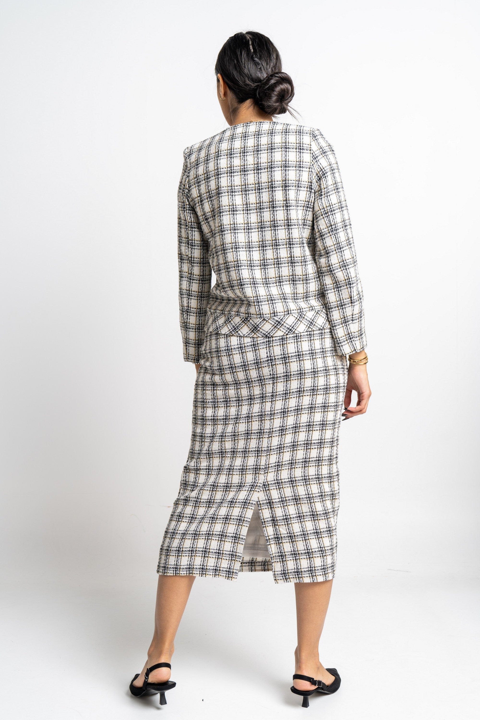 نتشي جاكيت مربعات كم طويل بأزرار أمامية نسائي