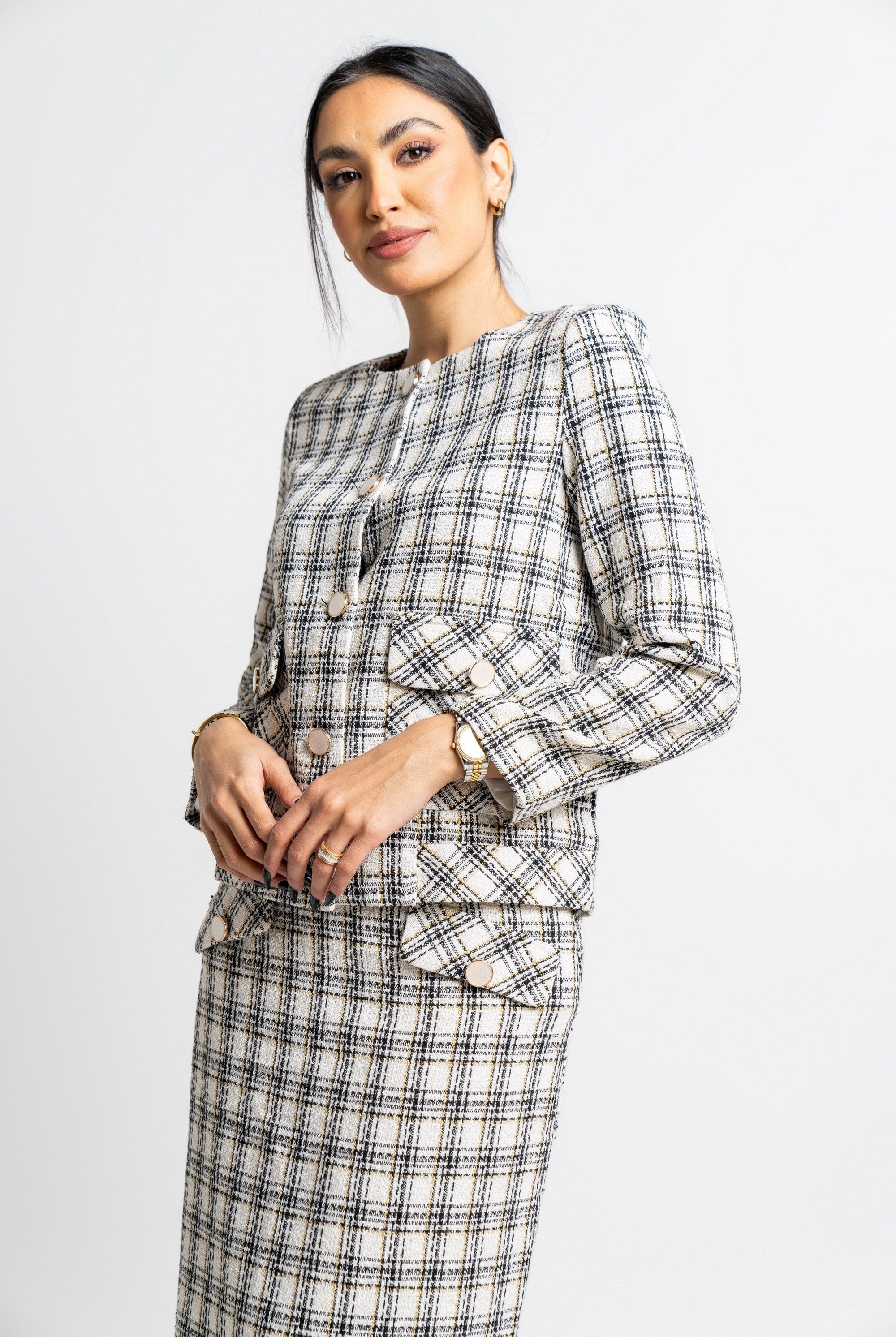 نتشي جاكيت مربعات كم طويل بأزرار أمامية نسائي