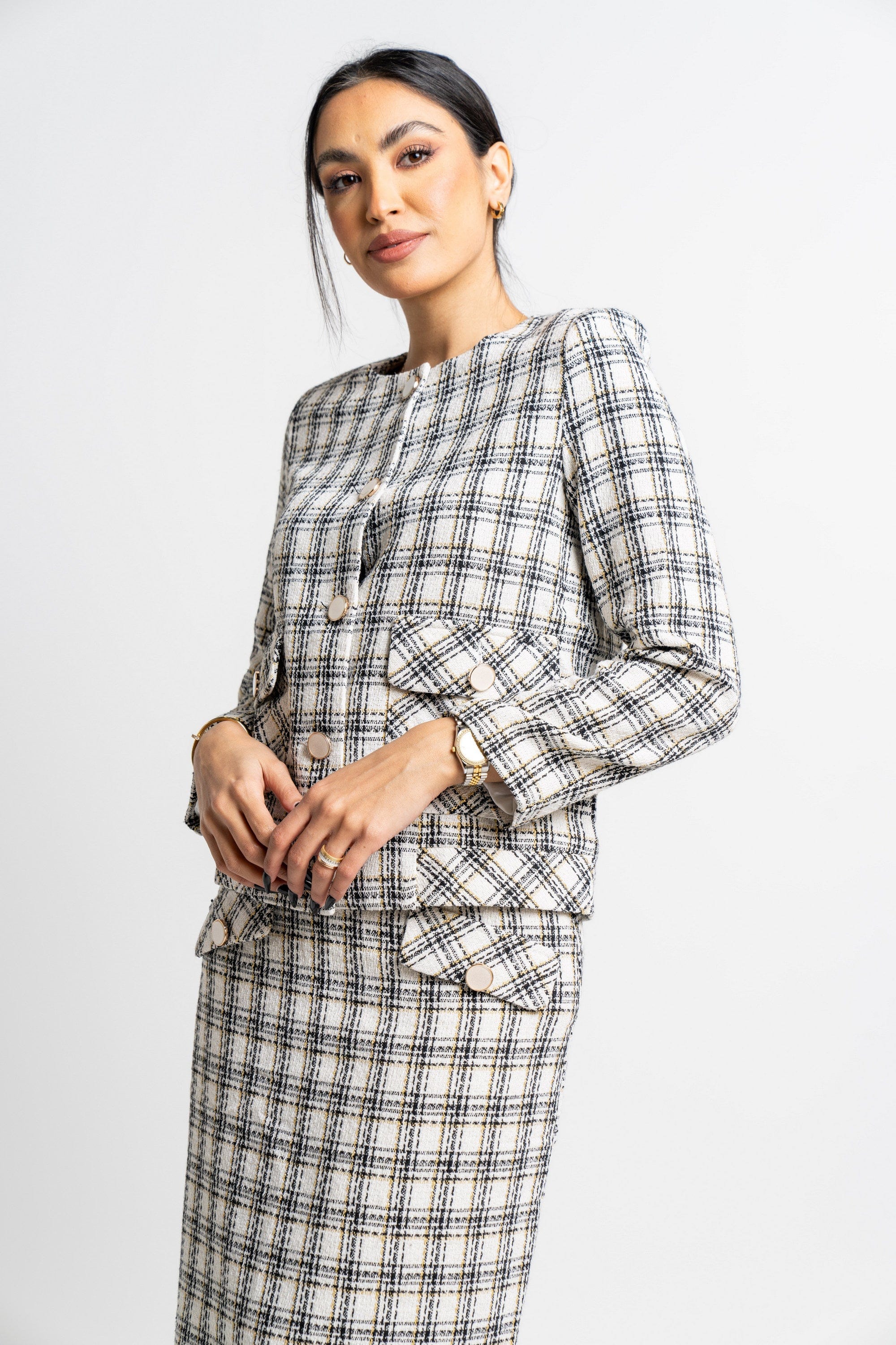 نتشي جاكيت مربعات كم طويل بأزرار أمامية نسائي