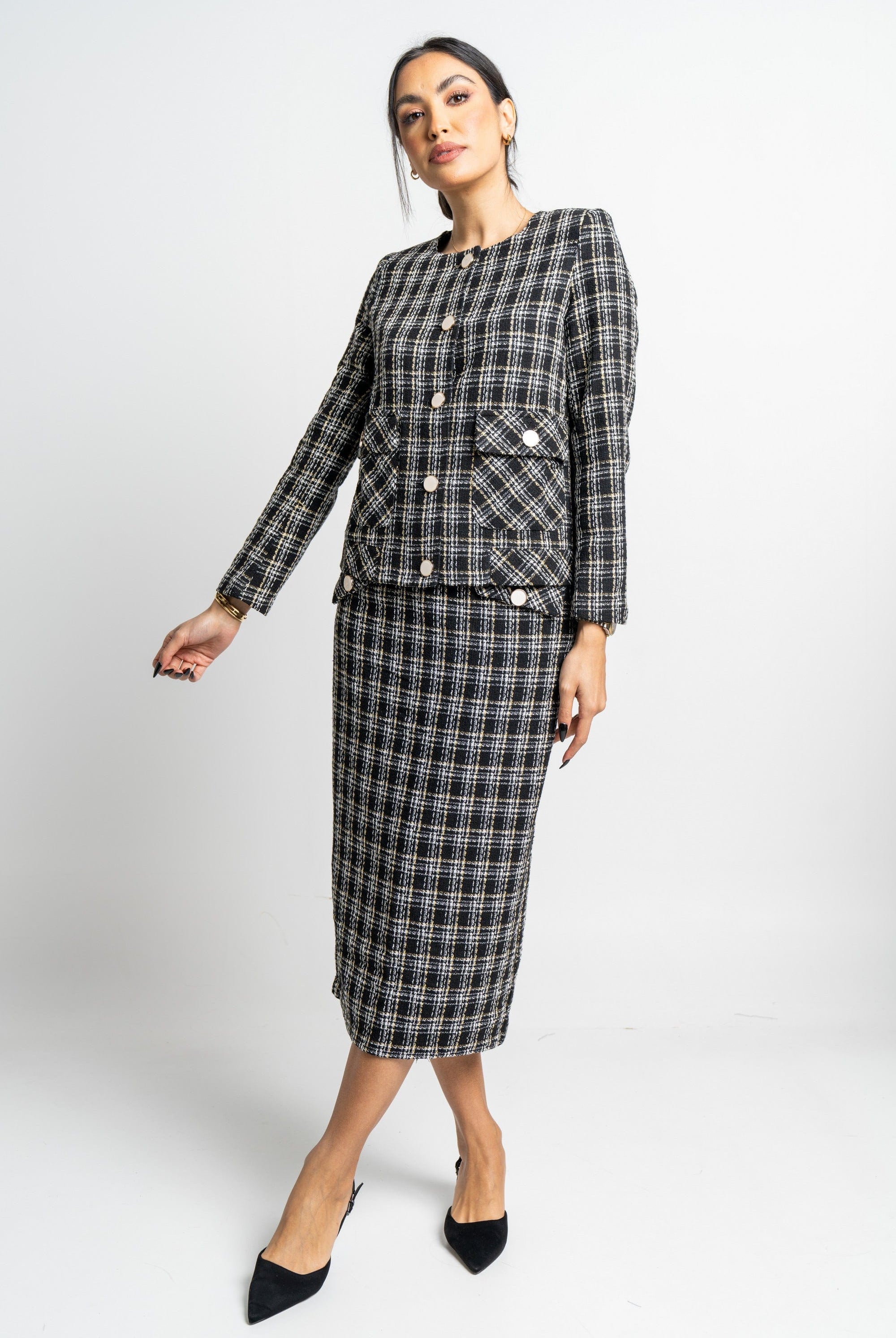 نتشي جاكيت مربعات كم طويل بأزرار أمامية نسائي