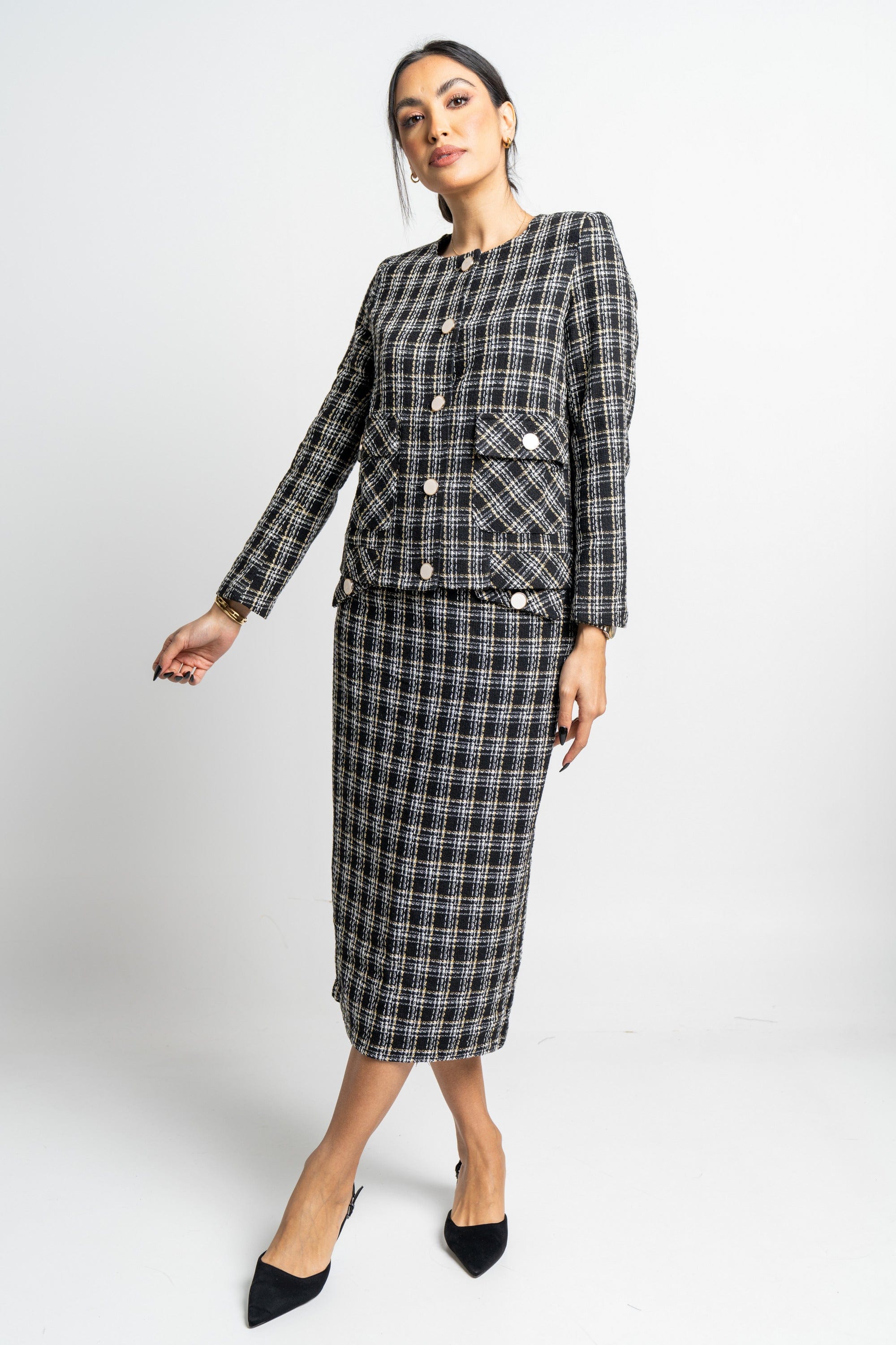 نتشي جاكيت مربعات كم طويل بأزرار أمامية نسائي