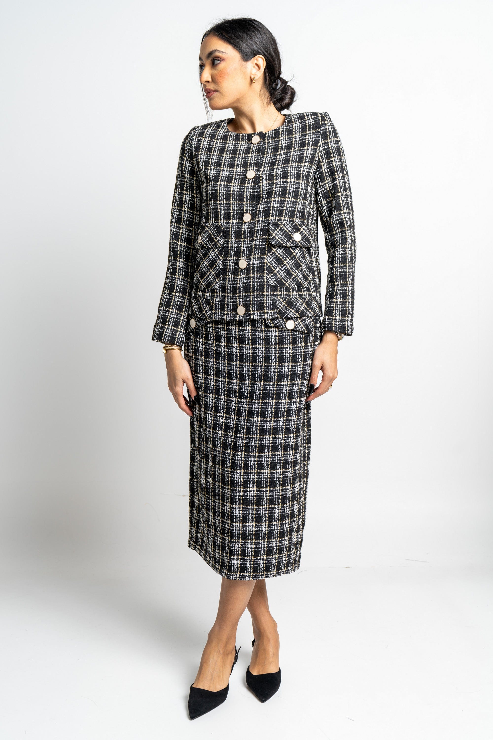 نتشي جاكيت مربعات كم طويل بأزرار أمامية نسائي