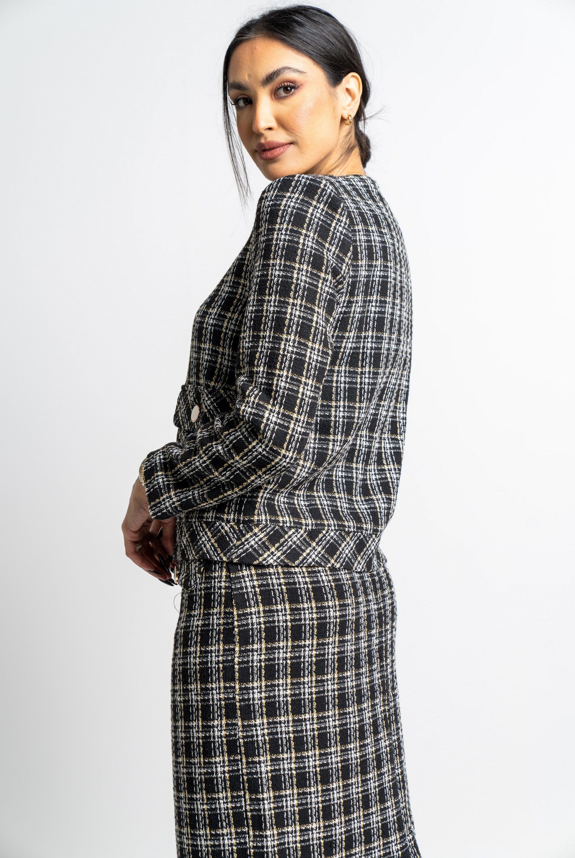 نتشي جاكيت مربعات كم طويل بأزرار أمامية نسائي