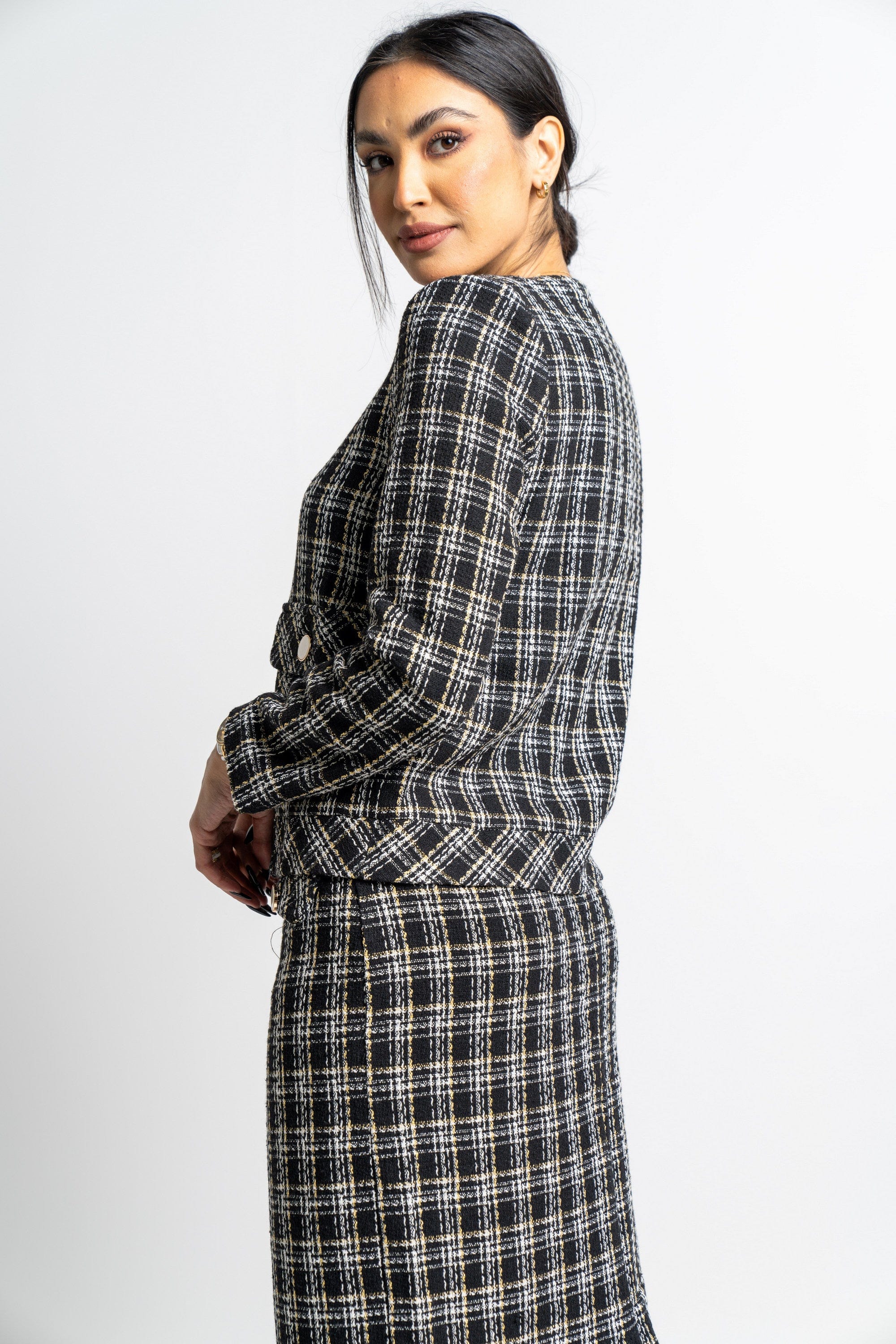 نتشي جاكيت مربعات كم طويل بأزرار أمامية نسائي