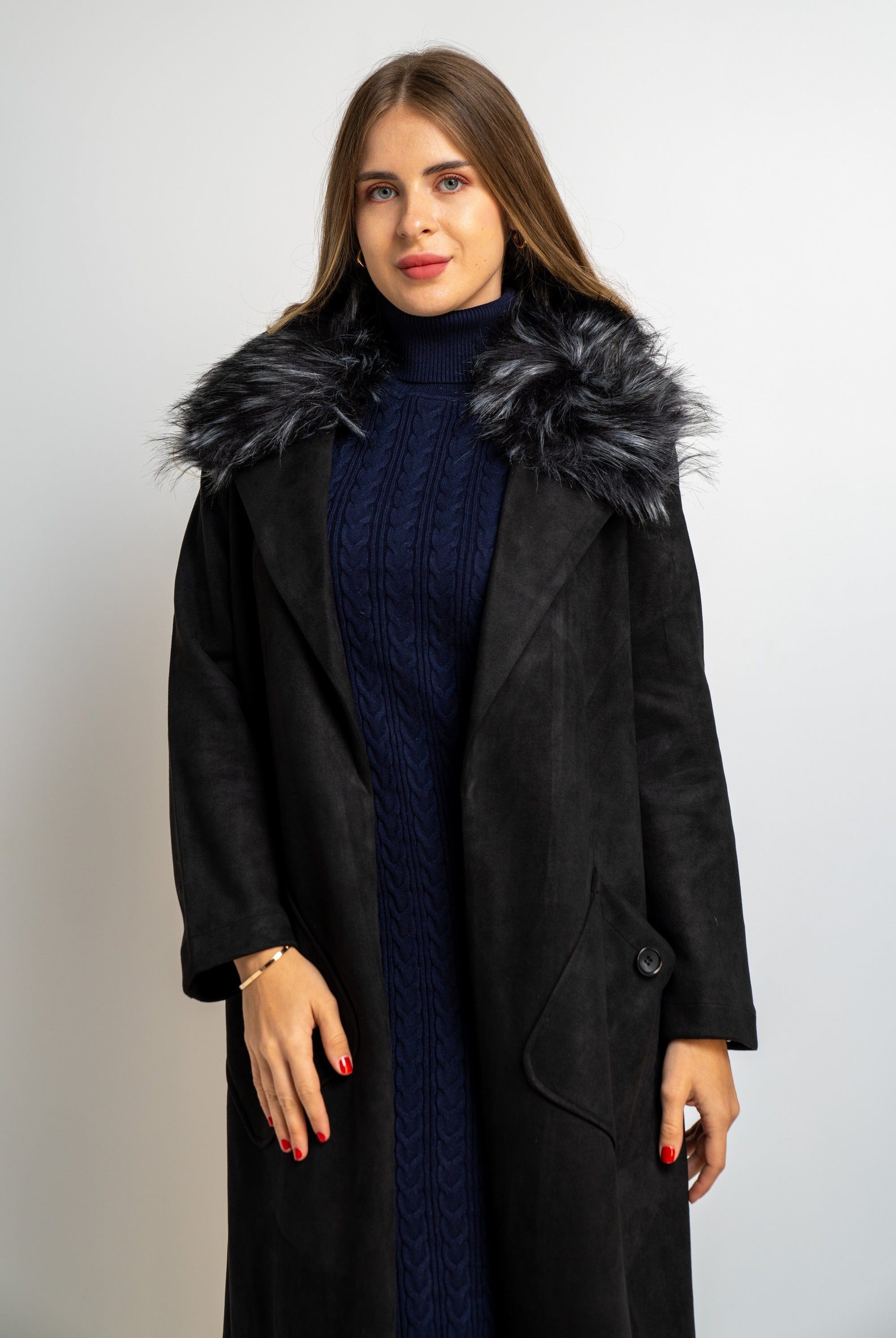 نتشي جاكيت سادة كم طويل بجيوب جانبية نسائي