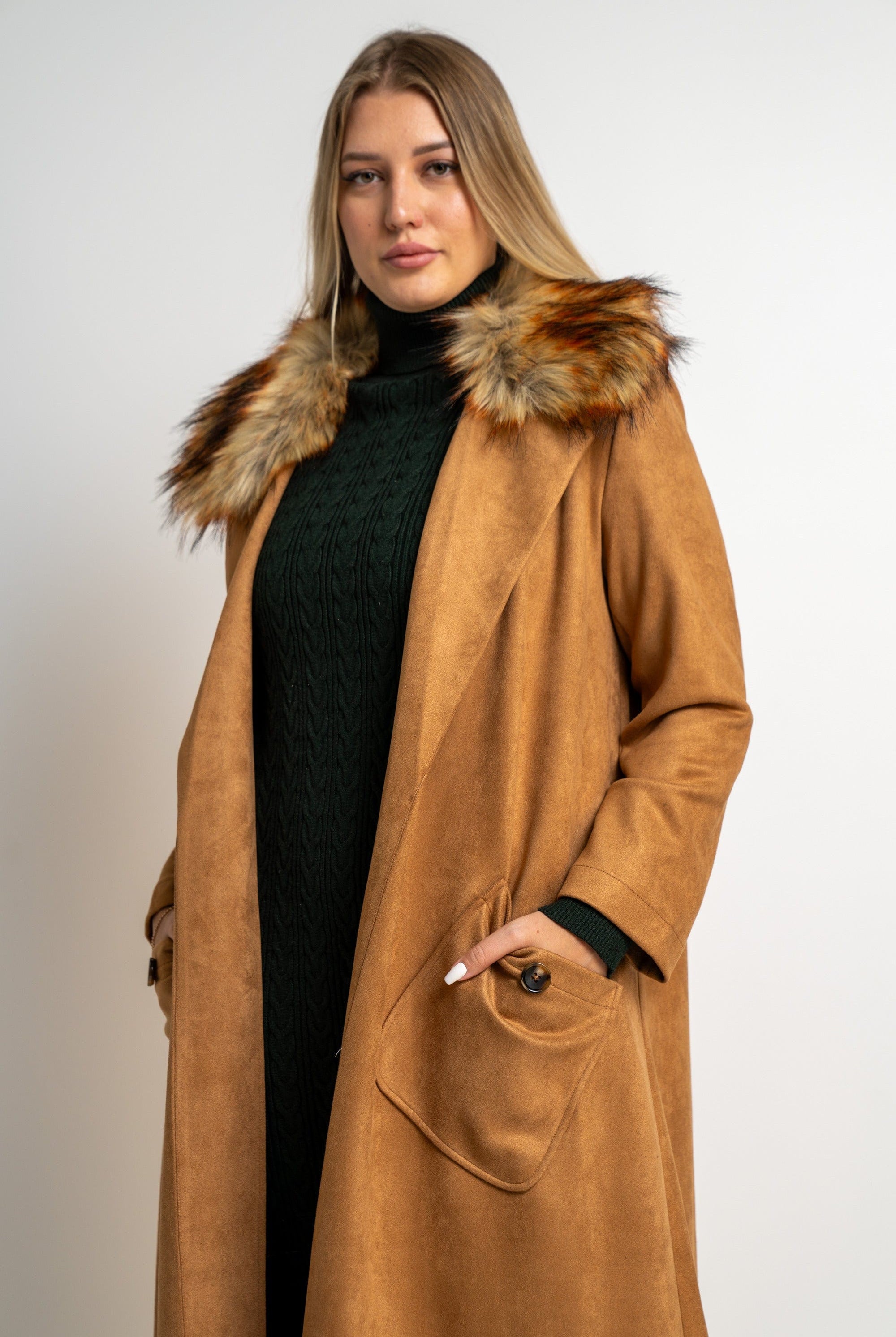 نتشي جاكيت سادة كم طويل بجيوب جانبية نسائي