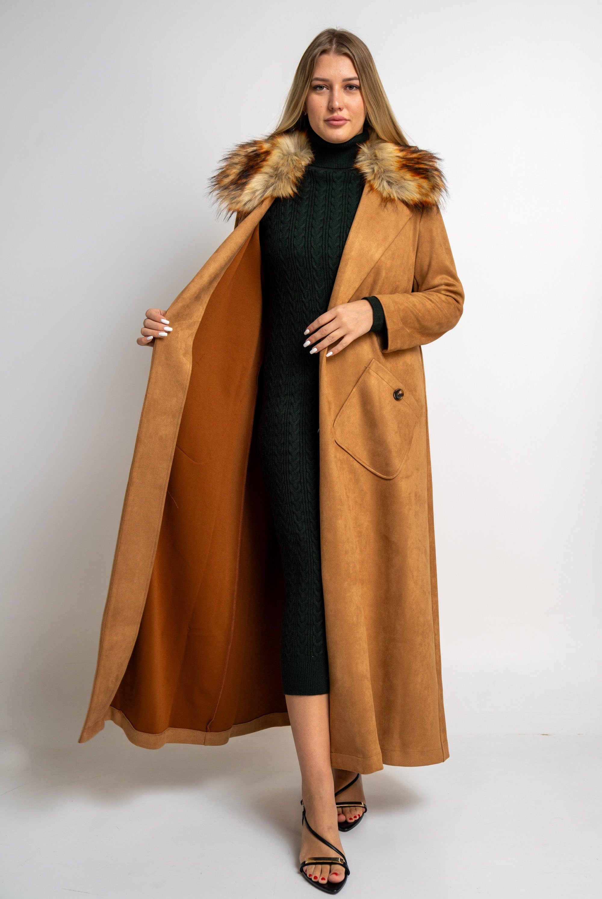 نتشي جاكيت سادة كم طويل بجيوب جانبية نسائي