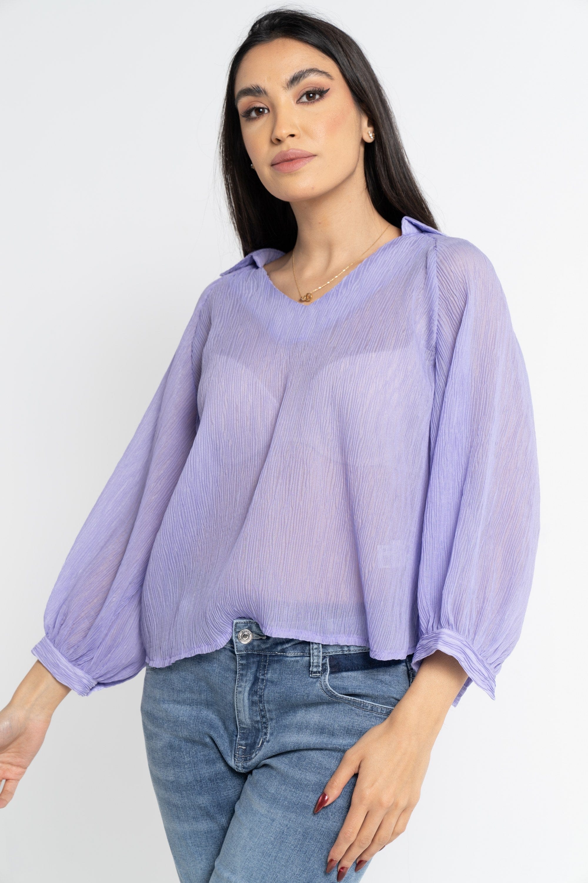 نتشي بلوزة بأكمام 3/4 بف سادة نسائي