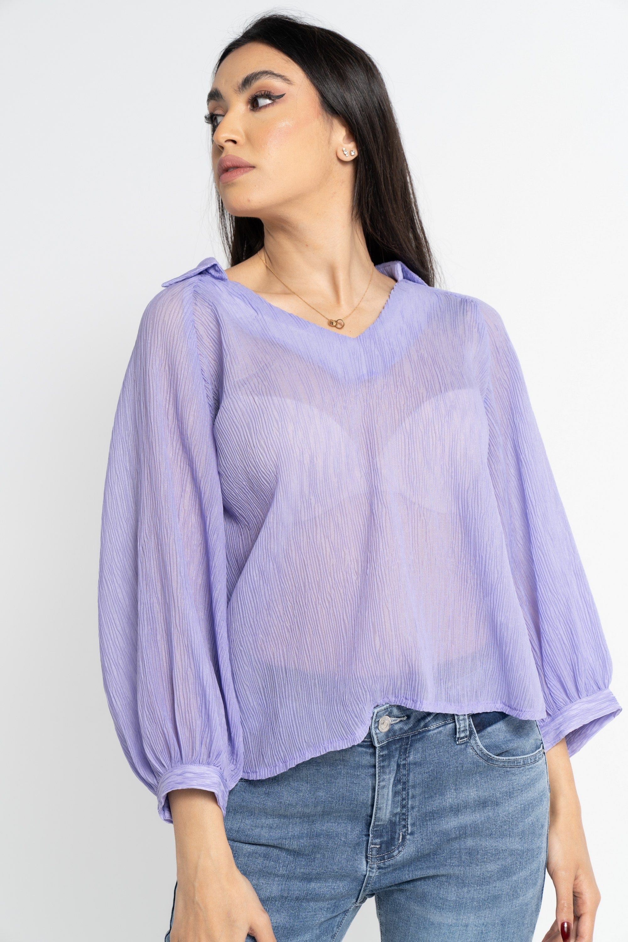 نتشي بلوزة بأكمام 3/4 بف سادة نسائي