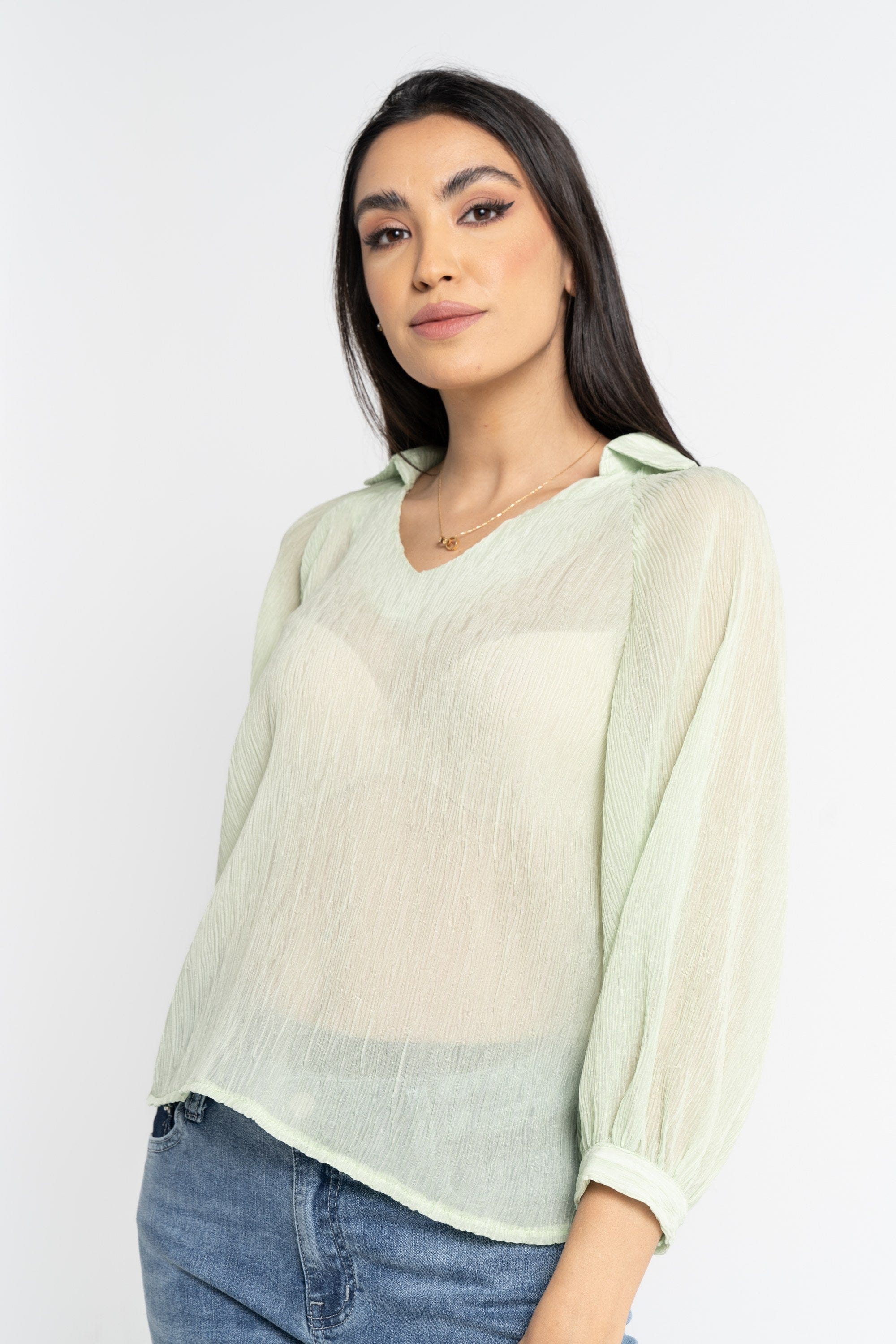 نتشي بلوزة بأكمام 3/4 بف سادة نسائي