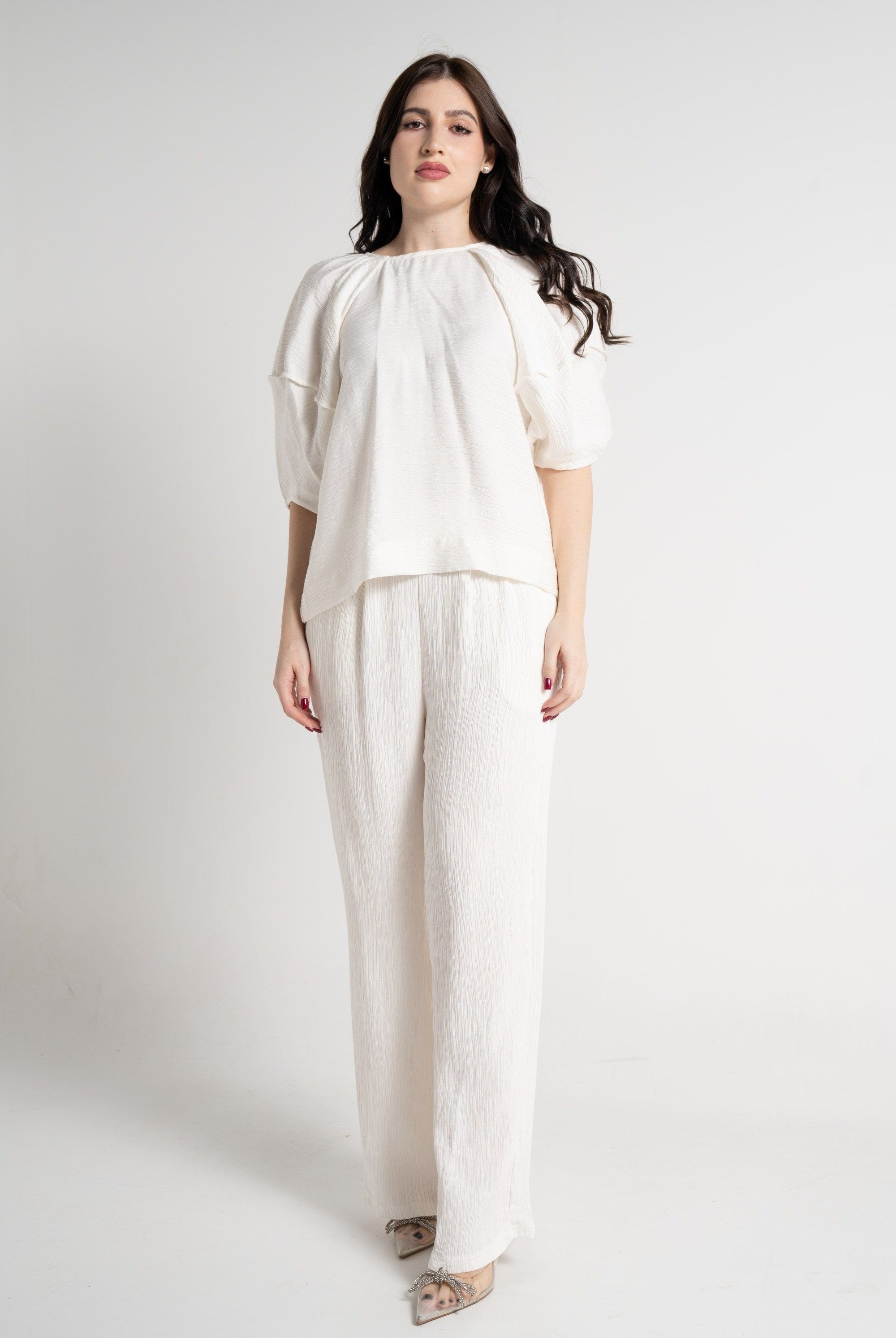 نتشي بلوزة بأكمام قصيرة سادة بأكمام وسيعة