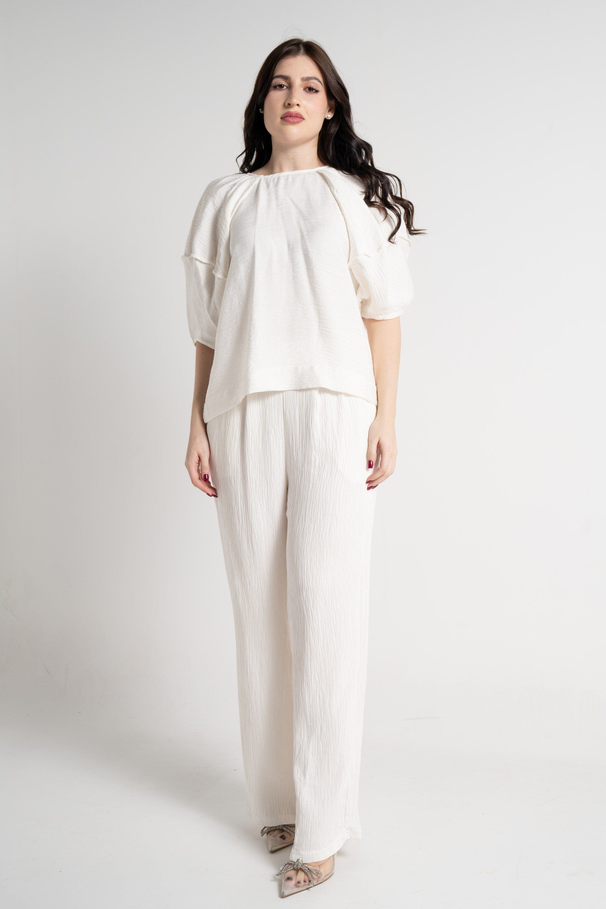 نتشي بلوزة بأكمام قصيرة سادة بأكمام وسيعة