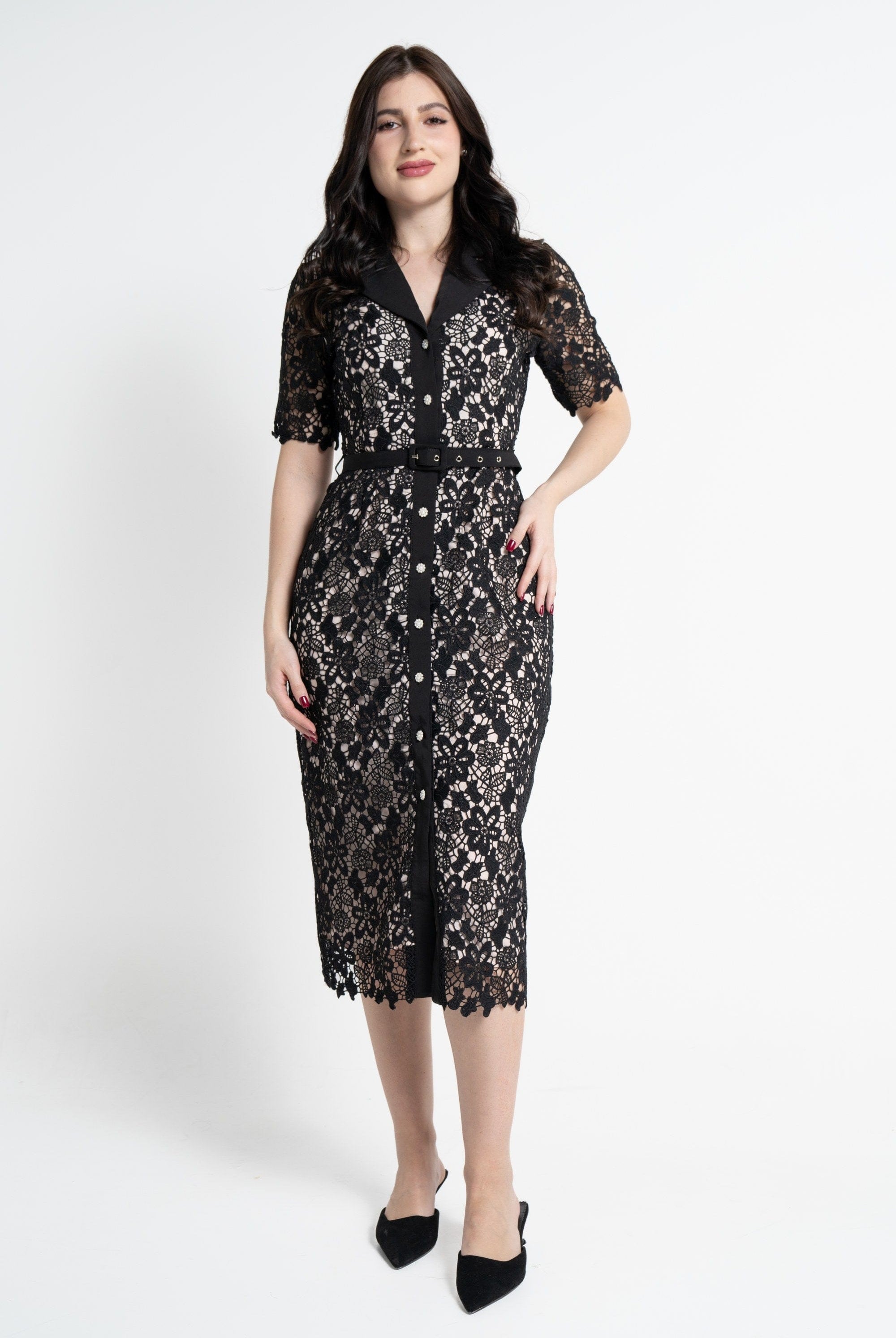 نتشي فستان ميدي بأكمام قصيرة مورد مبطن نسائي