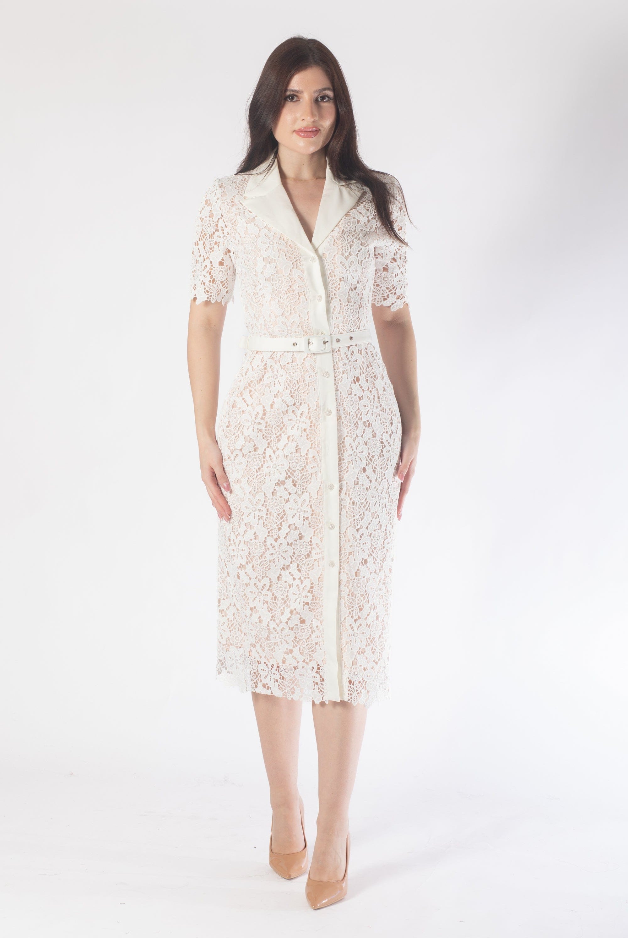 نتشي فستان ميدي بأكمام قصيرة مورد مبطن نسائي