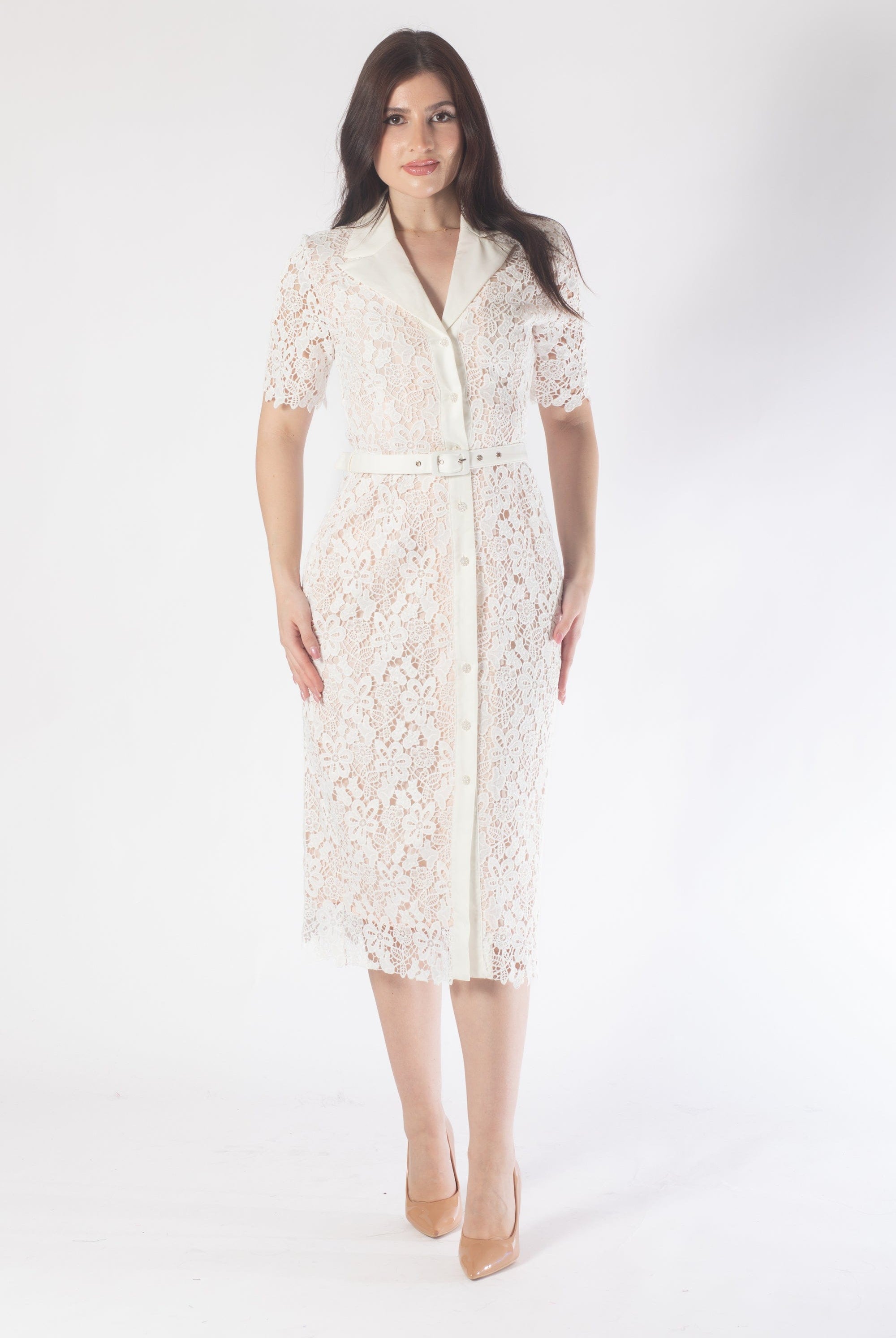 نتشي فستان ميدي بأكمام قصيرة مورد مبطن نسائي