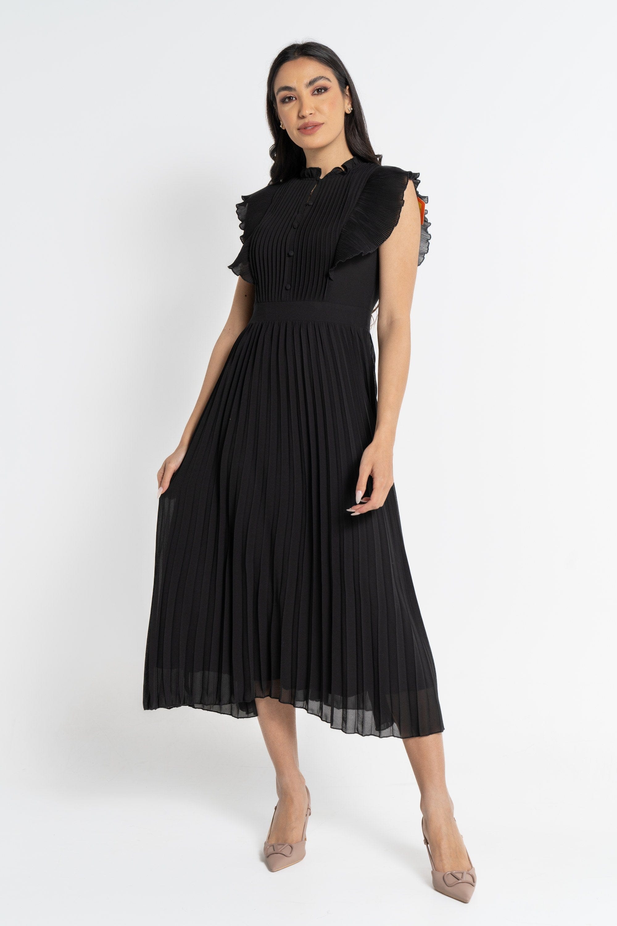 نتشي فستان ميدي بأكمام قصيرة بليسية بأزرار على الصدر