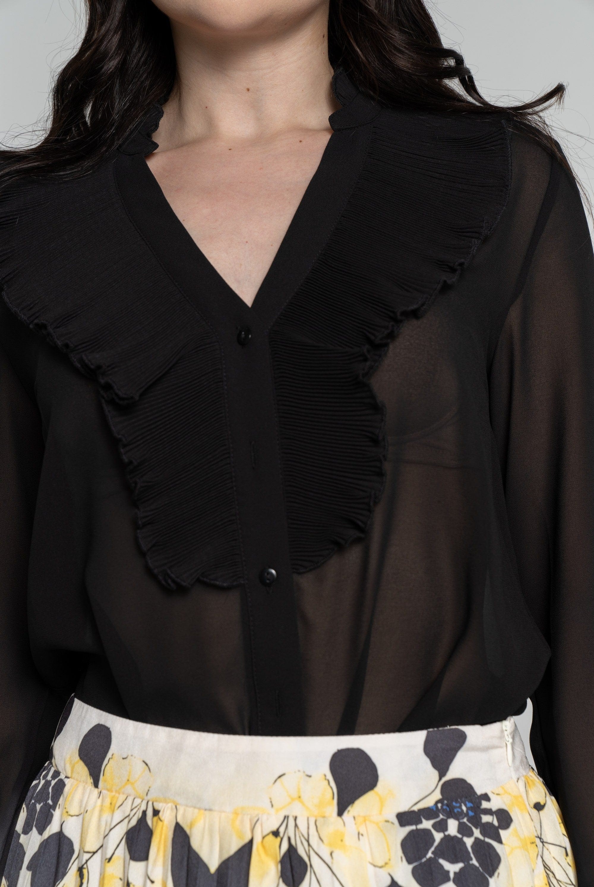 نتشي بلوزة بأكمام طويلة سادة بكشكشة أمامية نسائي