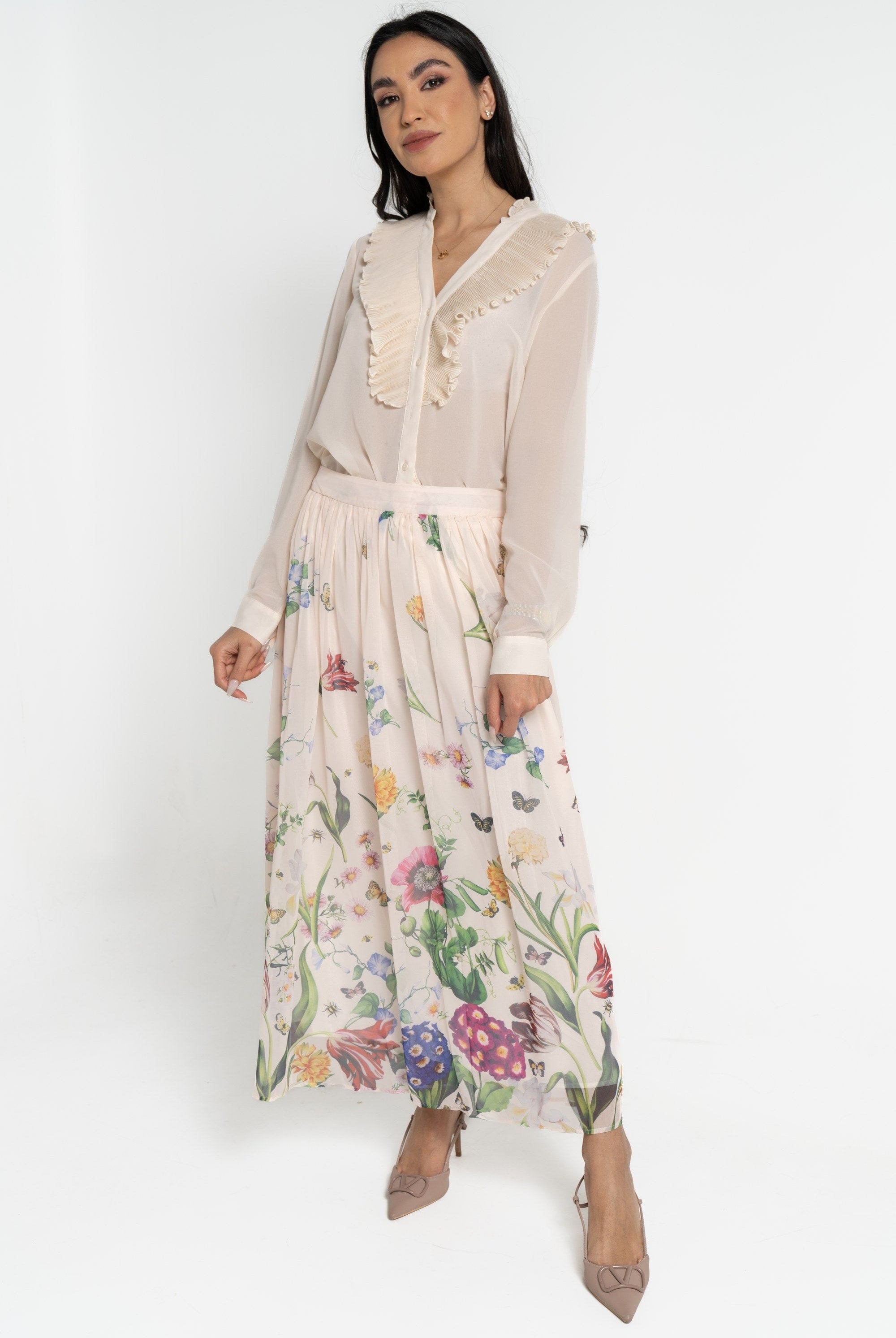 نتشي بلوزة بأكمام طويلة سادة بكشكشة أمامية نسائي