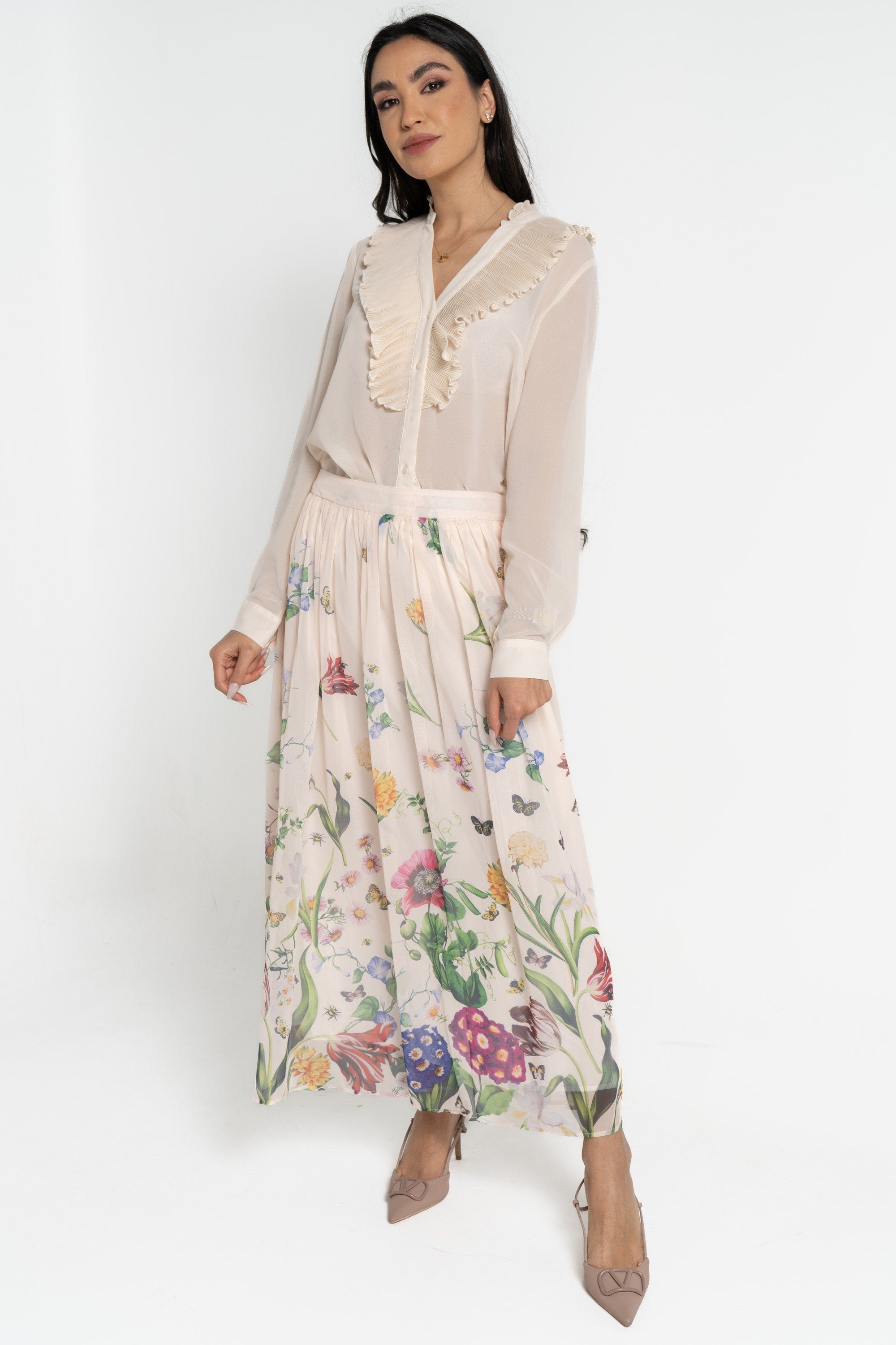 نتشي بلوزة بأكمام طويلة سادة بكشكشة أمامية نسائي