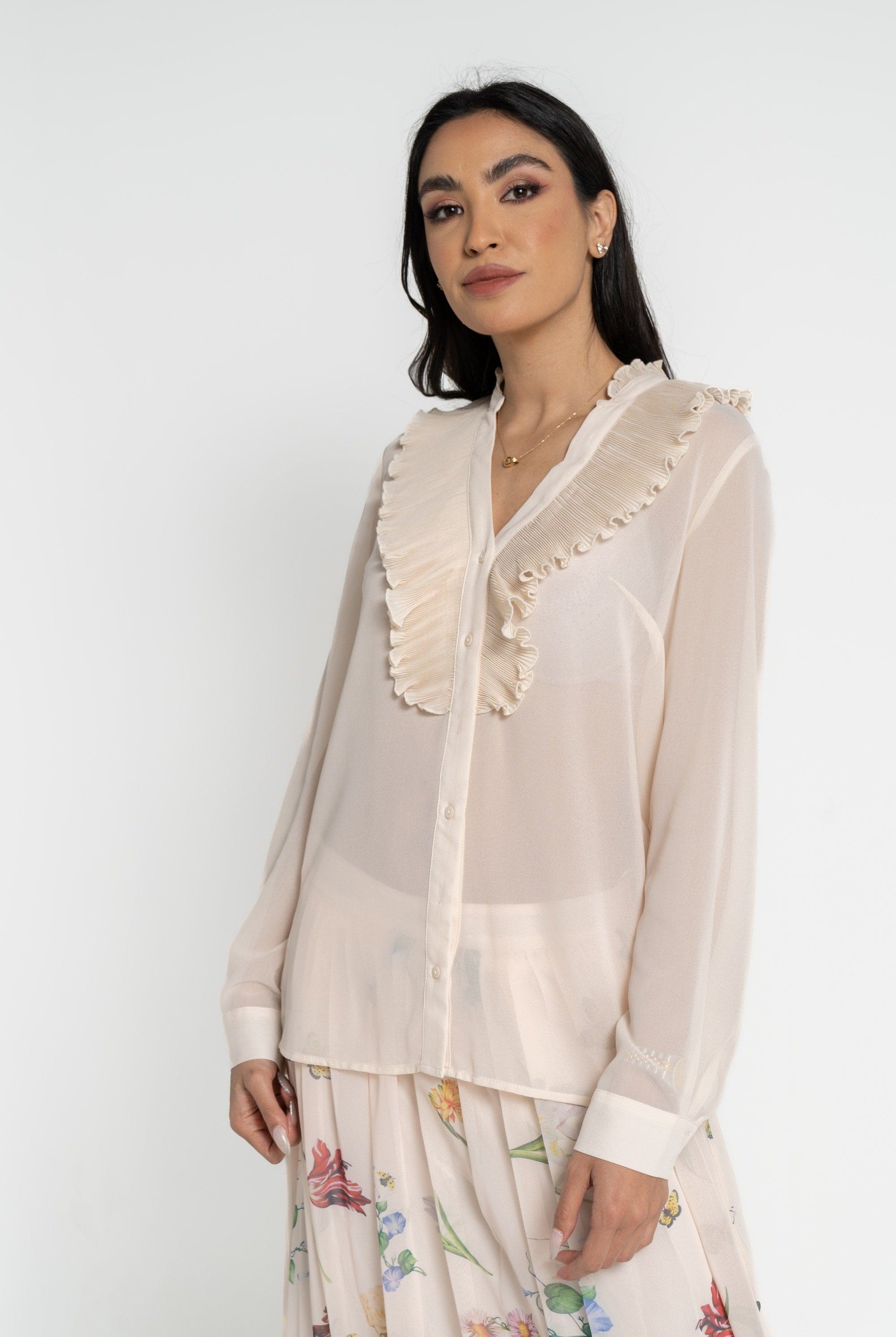 نتشي بلوزة بأكمام طويلة سادة بكشكشة أمامية نسائي