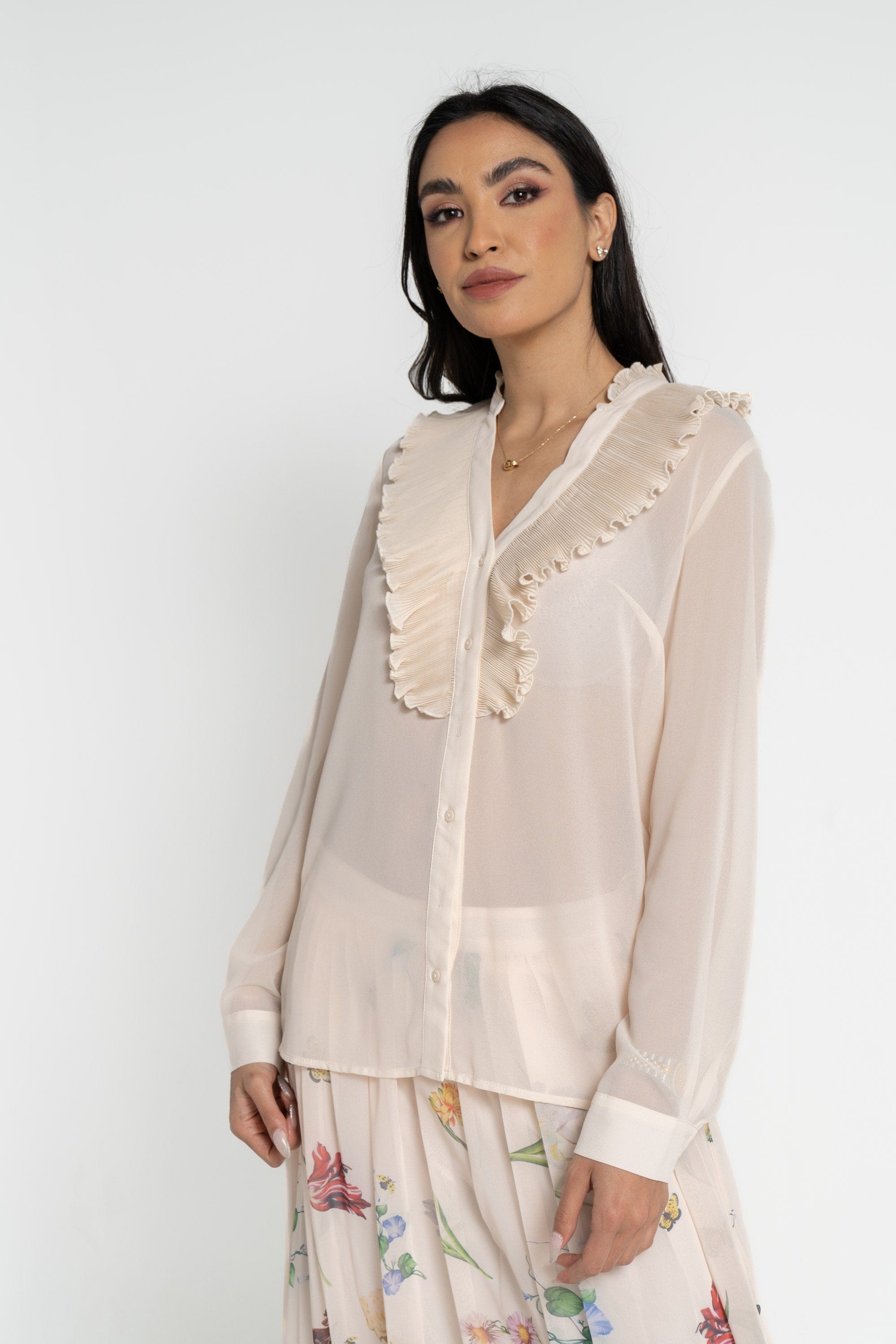 نتشي بلوزة بأكمام طويلة سادة بكشكشة أمامية نسائي