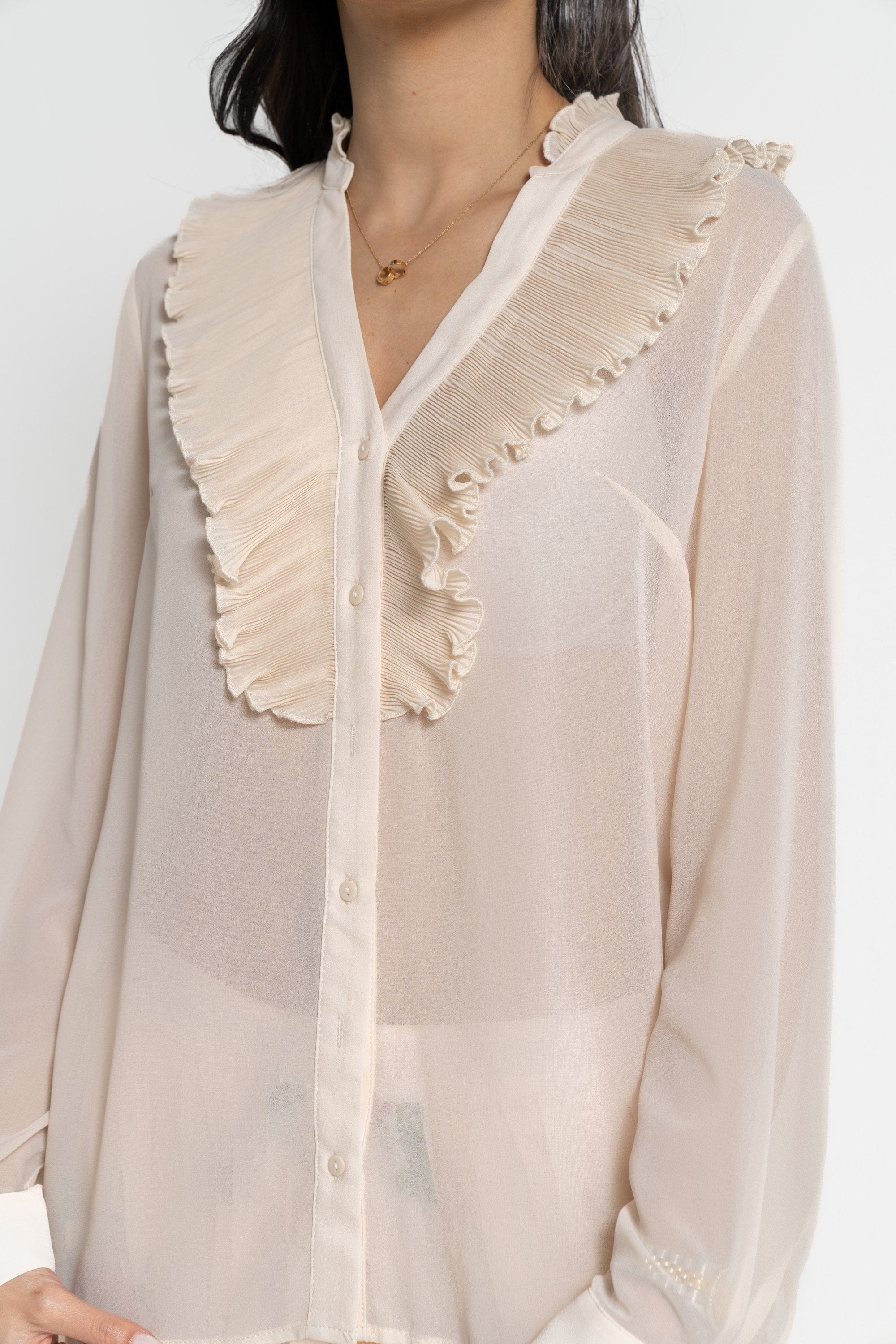 نتشي بلوزة بأكمام طويلة سادة بكشكشة أمامية نسائي