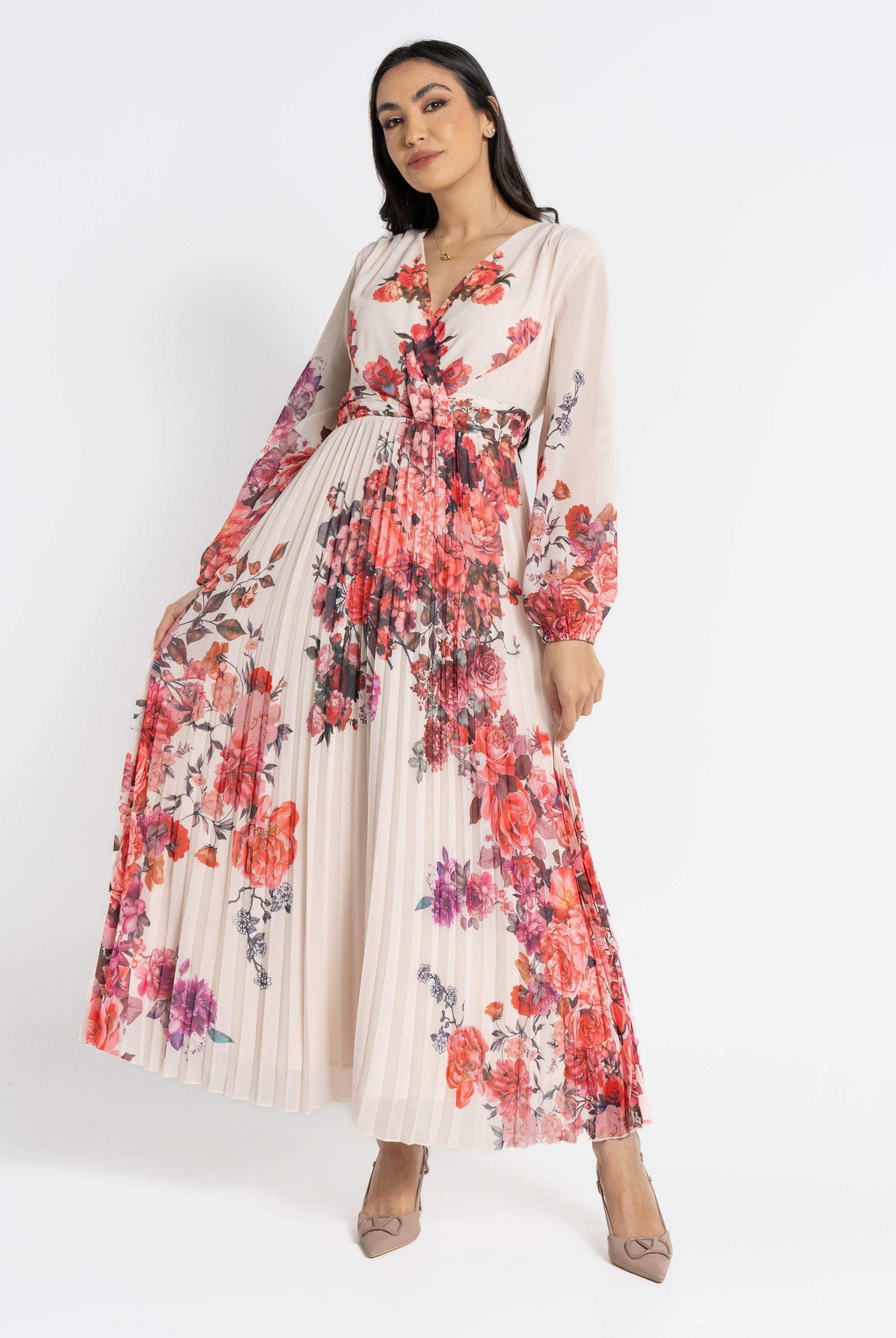 نتشي فستان ماكسي بأكمام طويلة مورد بليسيه نسائي