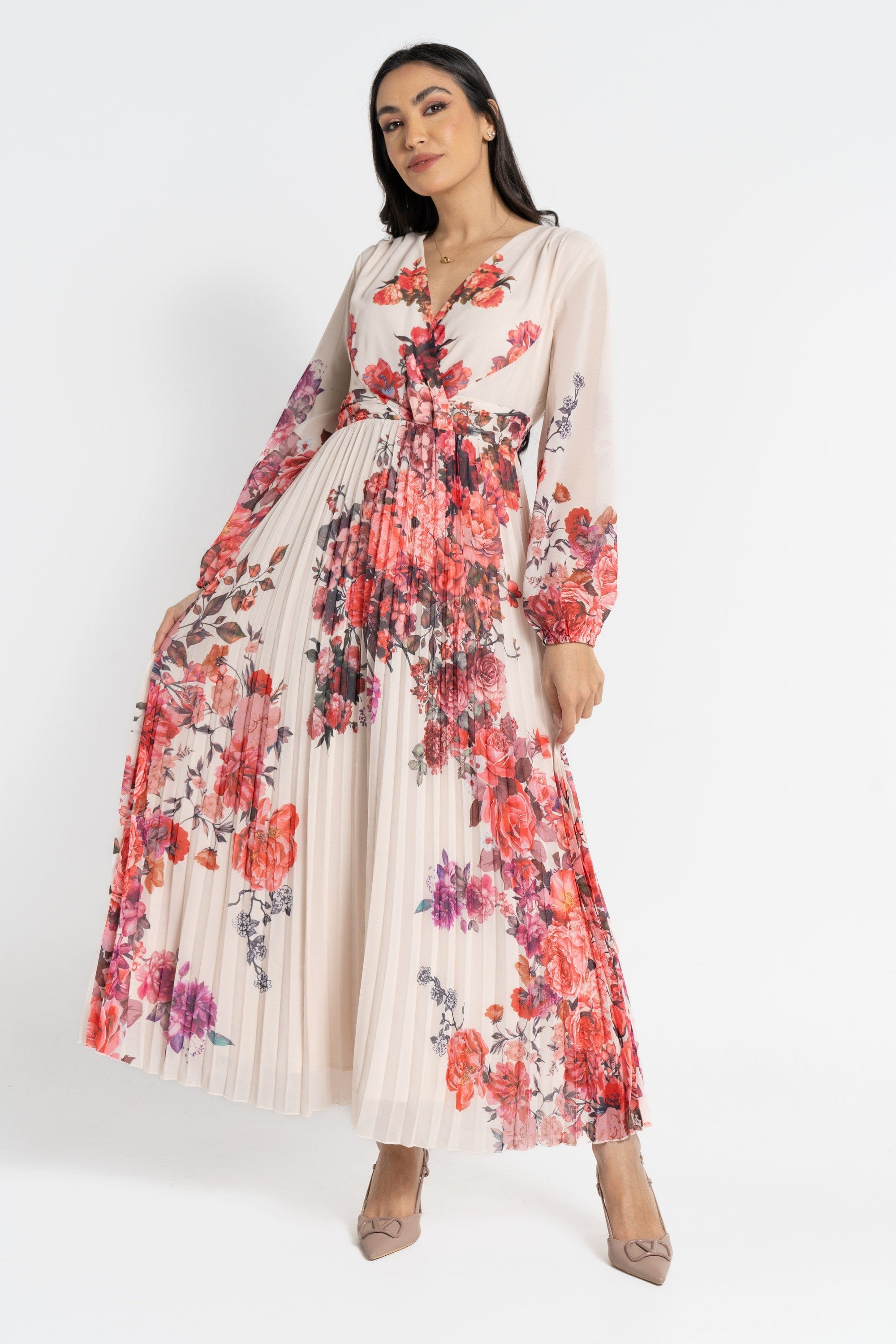 نتشي فستان ماكسي بأكمام طويلة مورد بليسيه نسائي