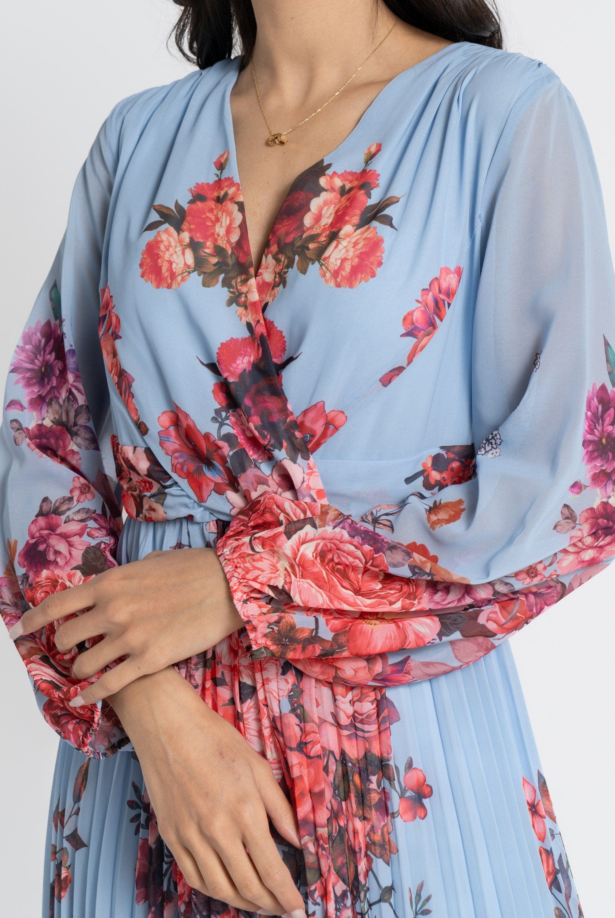 نتشي فستان ماكسي بأكمام طويلة مورد بليسيه نسائي