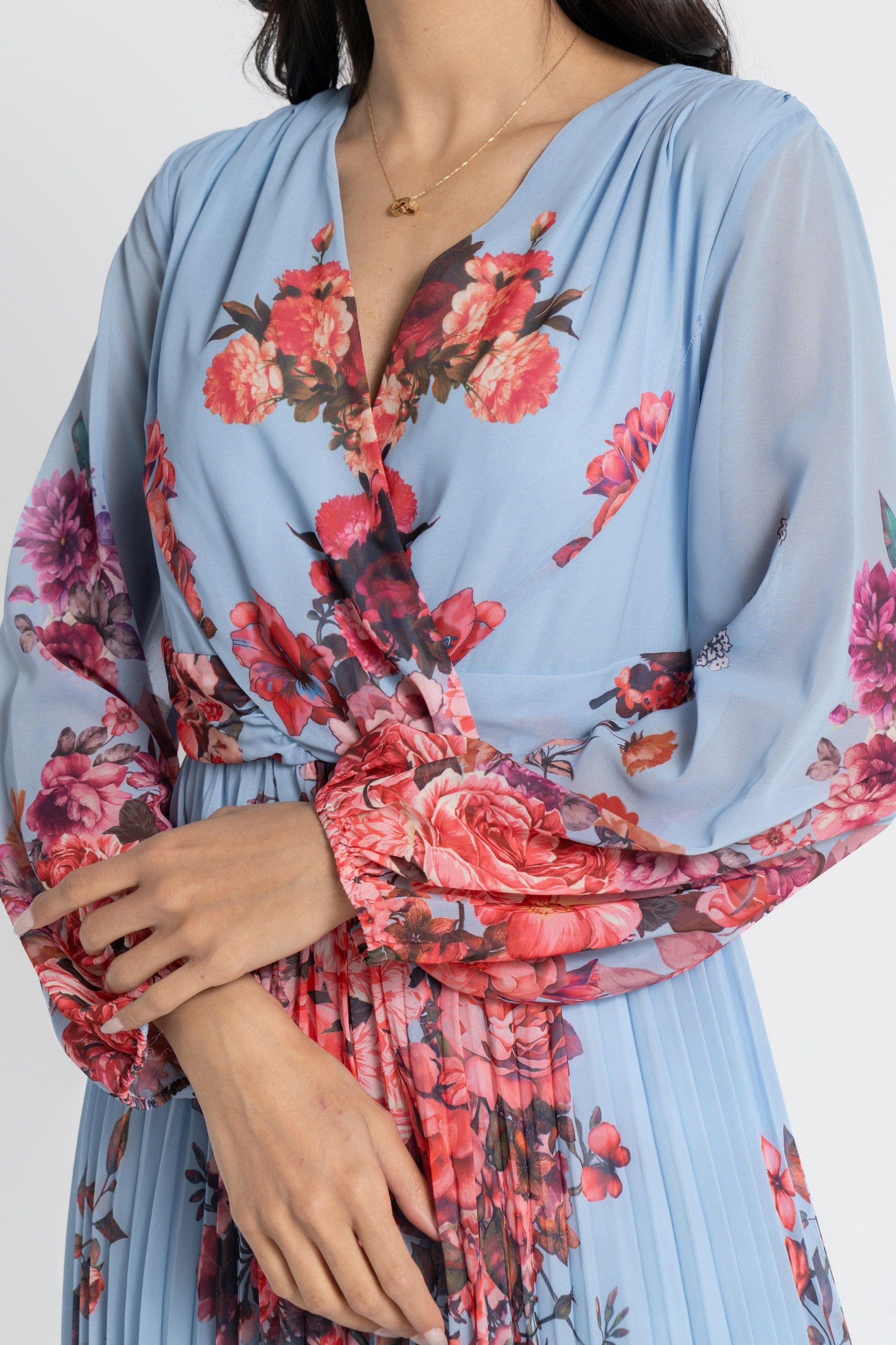 نتشي فستان ماكسي بأكمام طويلة مورد بليسيه نسائي