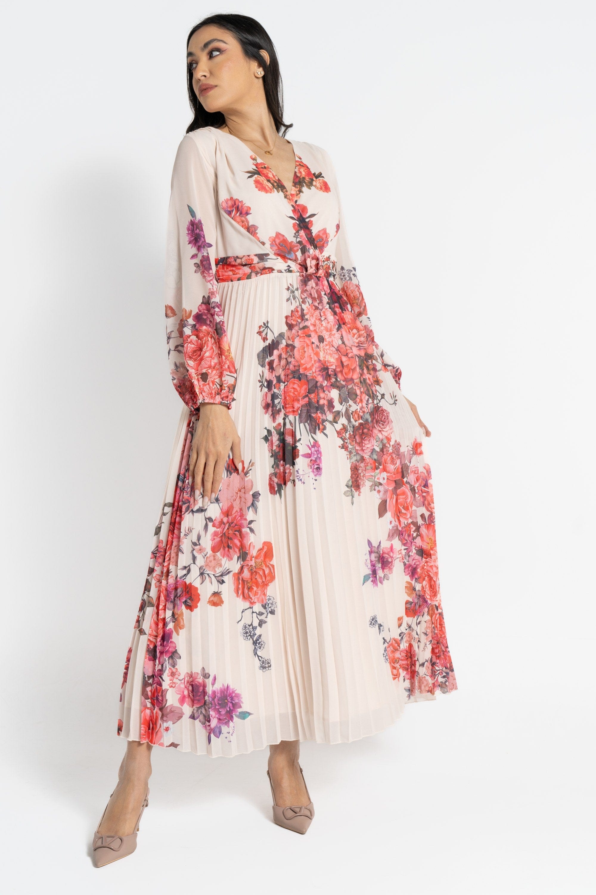 نتشي فستان ماكسي بأكمام طويلة مورد بليسيه نسائي