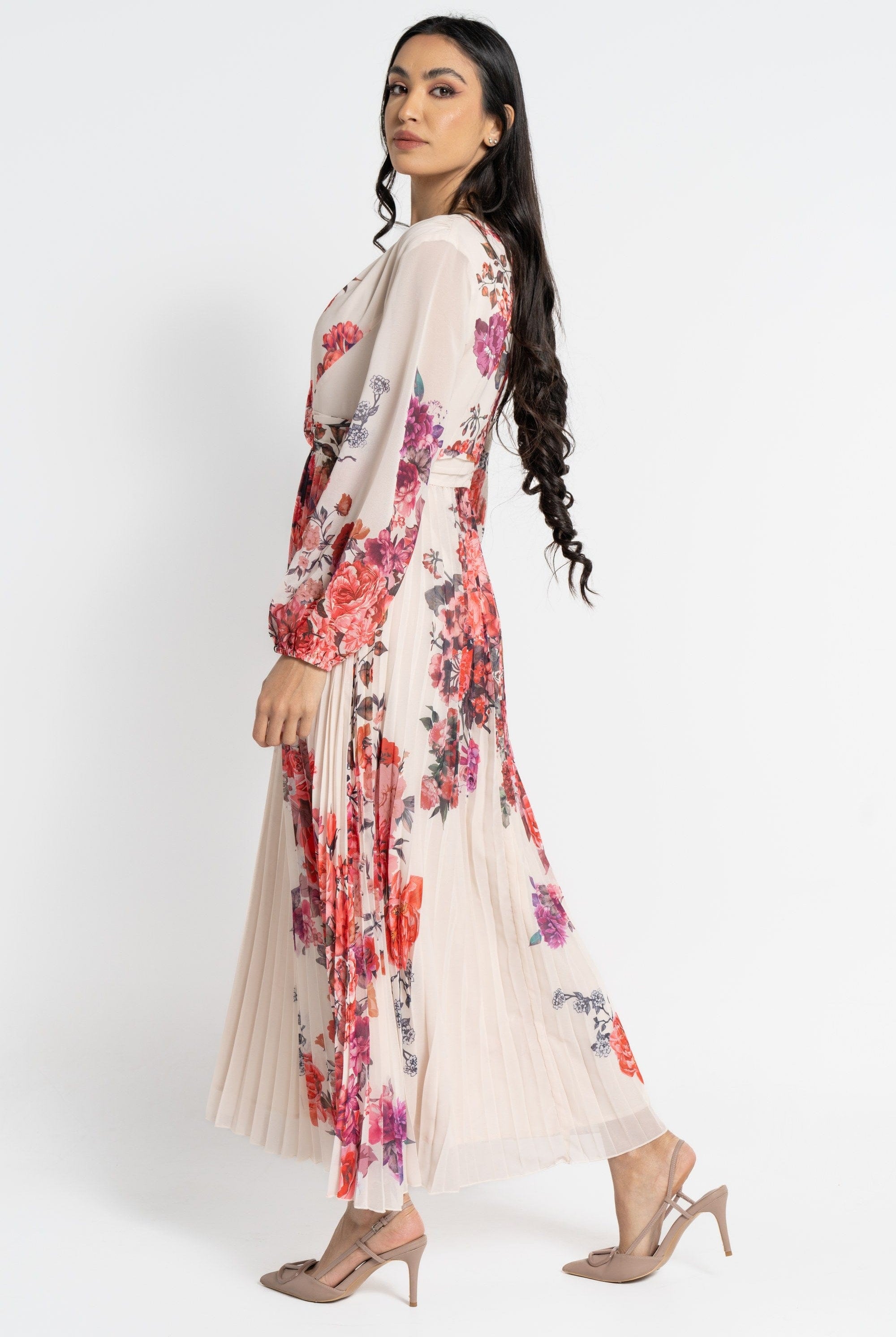 نتشي فستان ماكسي بأكمام طويلة مورد بليسيه نسائي