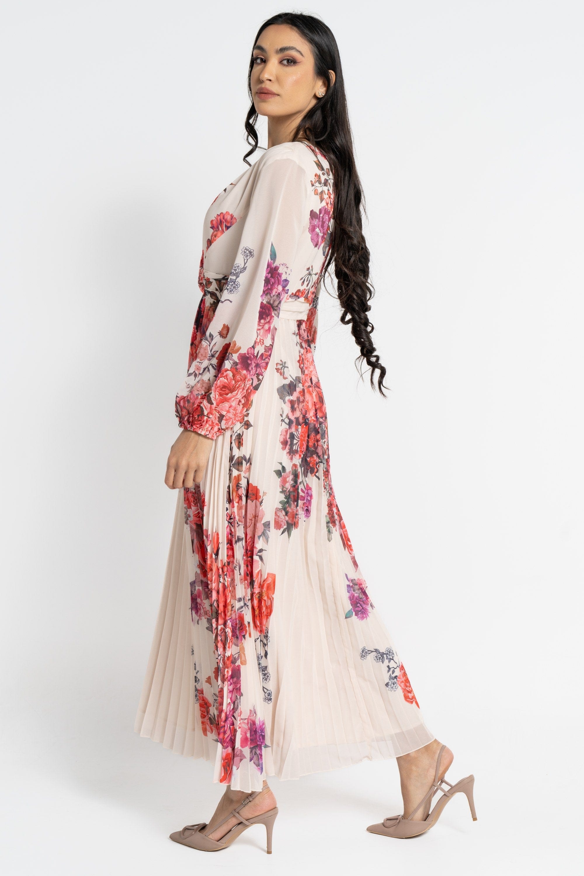 نتشي فستان ماكسي بأكمام طويلة مورد بليسيه نسائي