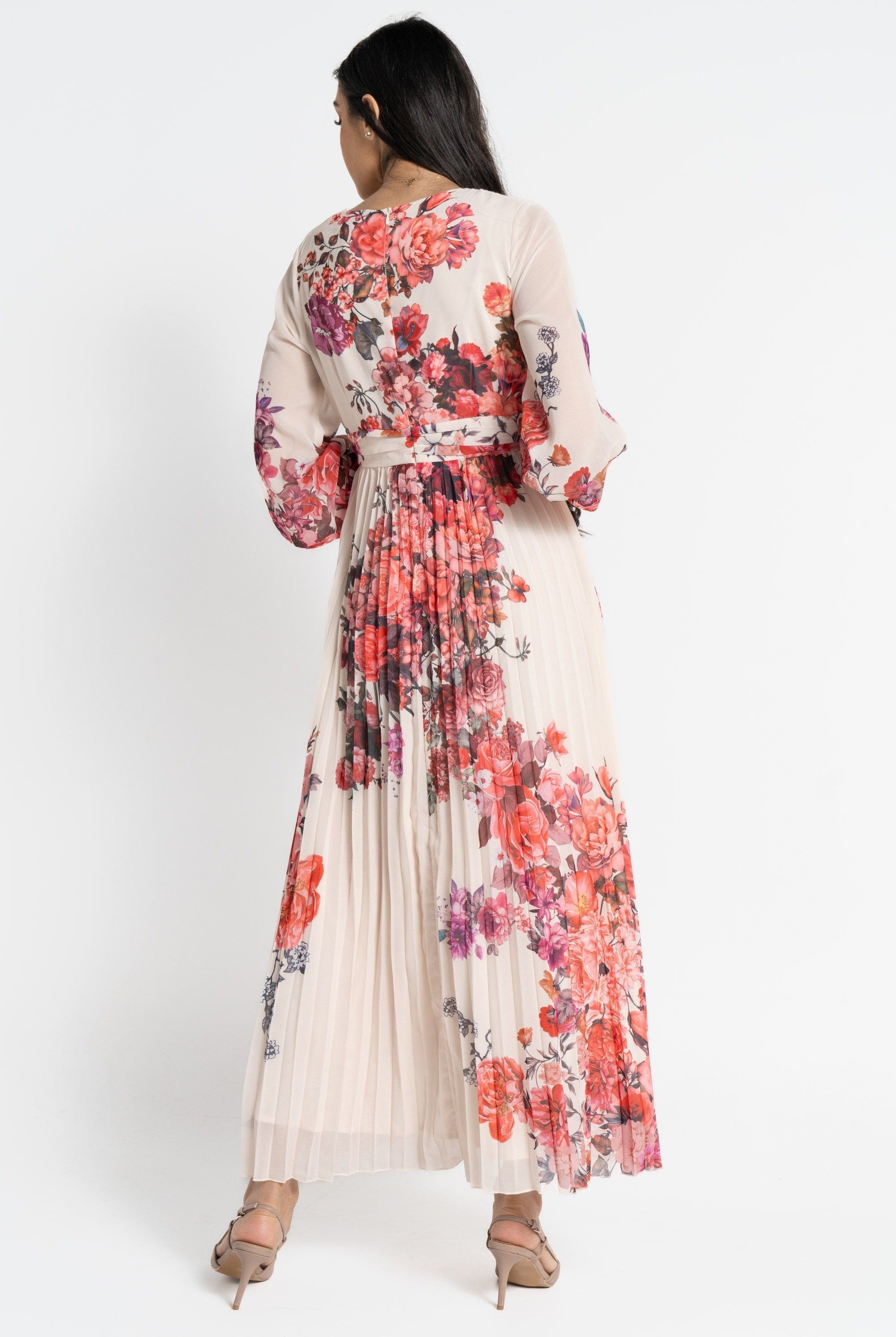 نتشي فستان ماكسي بأكمام طويلة مورد بليسيه نسائي