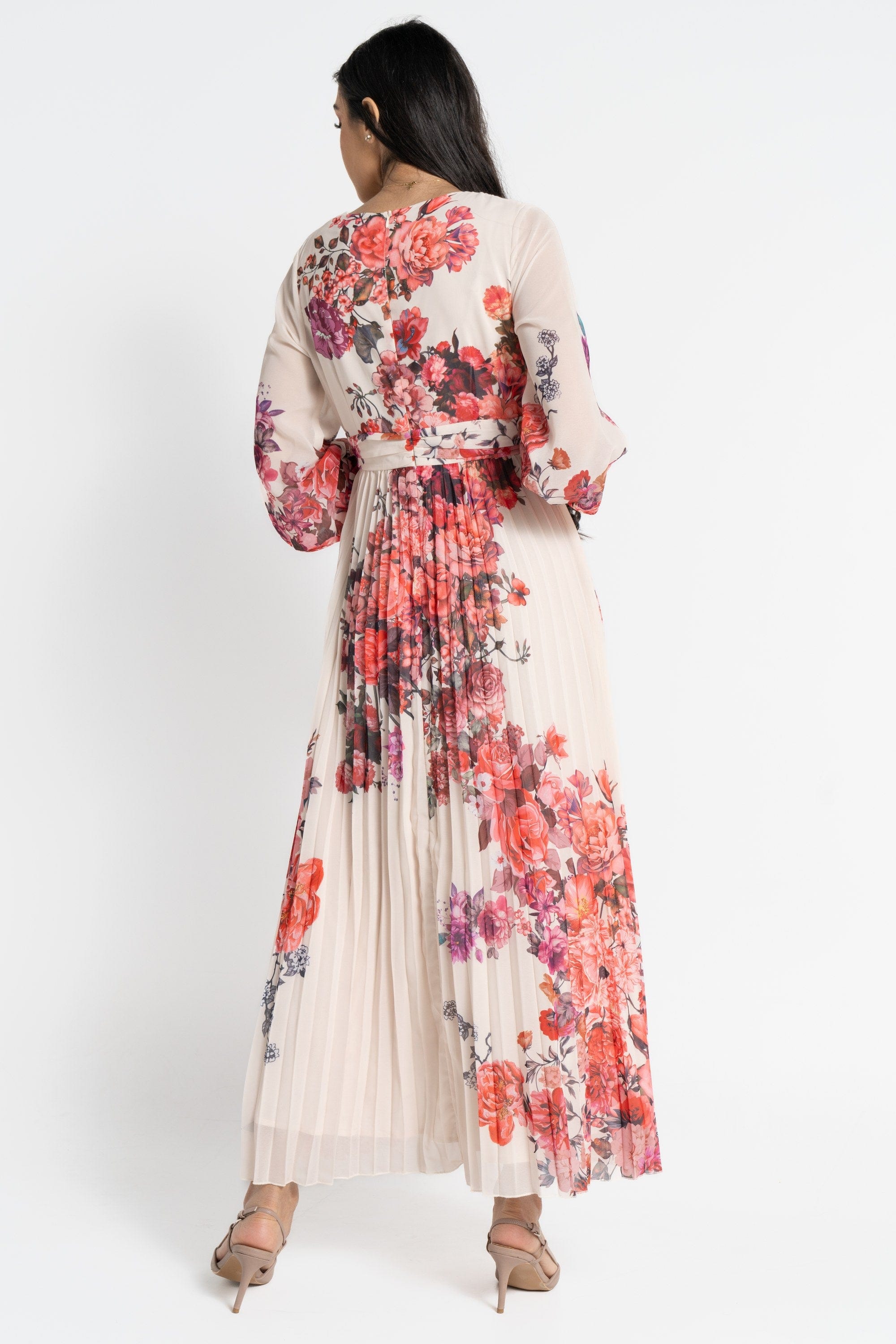 نتشي فستان ماكسي بأكمام طويلة مورد بليسيه نسائي