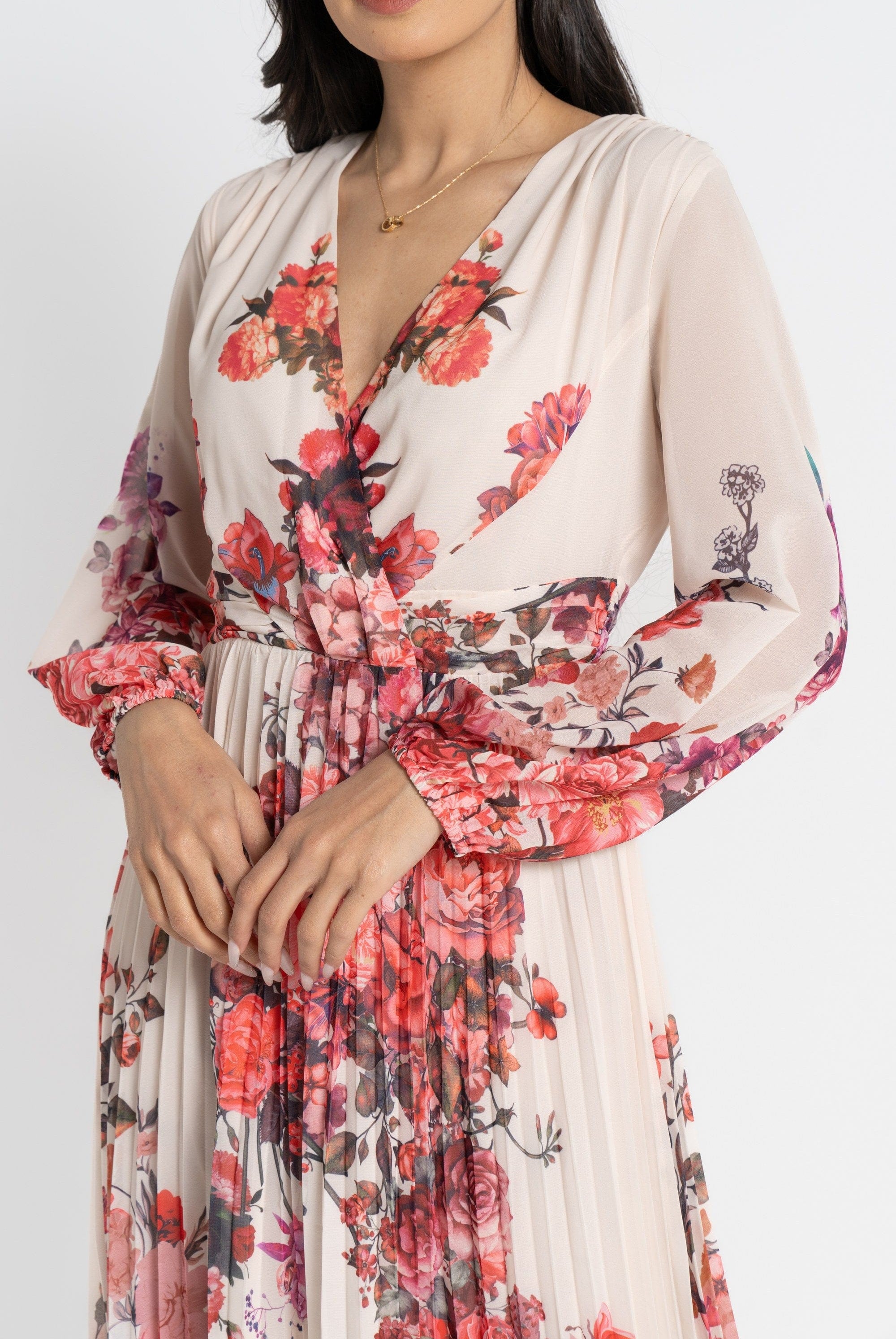 نتشي فستان ماكسي بأكمام طويلة مورد بليسيه نسائي