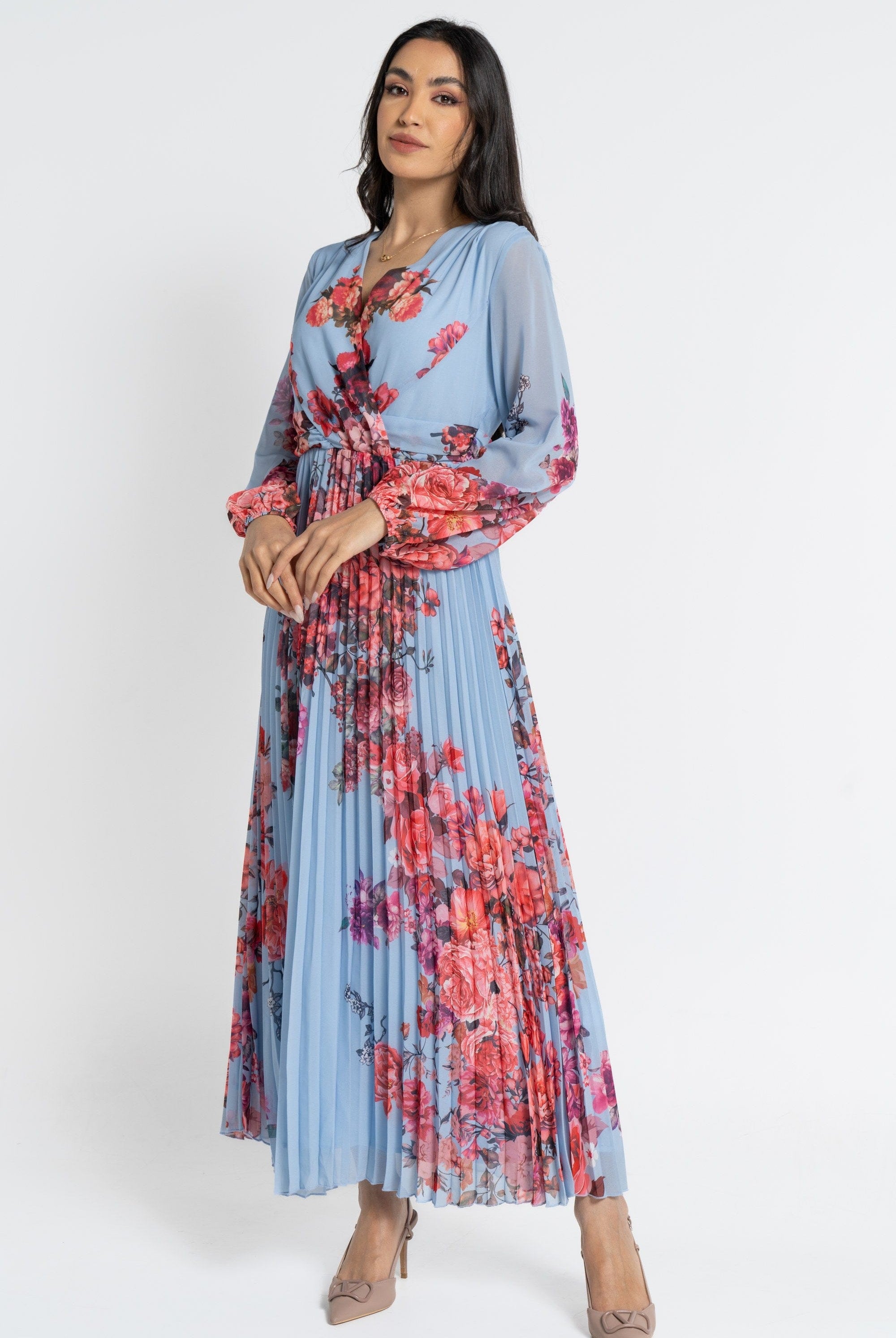 نتشي فستان ماكسي بأكمام طويلة مورد بليسيه نسائي